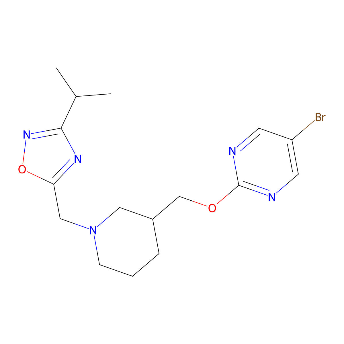 5-Bromo-2-[(1-{[3-(propan-2-yl)-1,2,4-oxadiazol-5-yl]methyl}piperidin-3-yl)methoxy]pyrimidine molecular structure, CAS 2380008-84-2