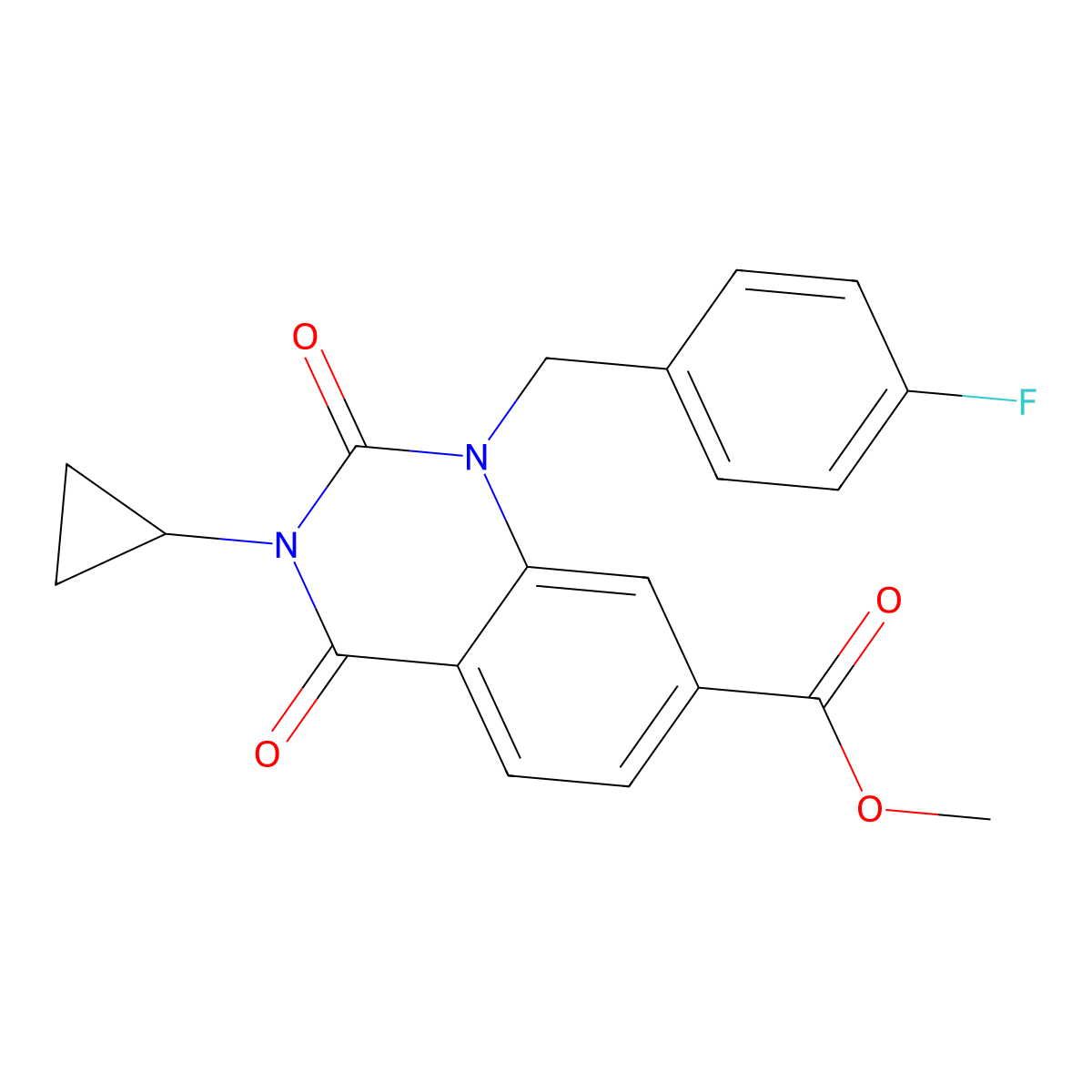 Methyl 3-cyclopropyl-1-[(4-fluorophenyl)methyl]-2,4-dioxoquinazoline-7-carboxylate molecular structure, CAS 2380009-11-8