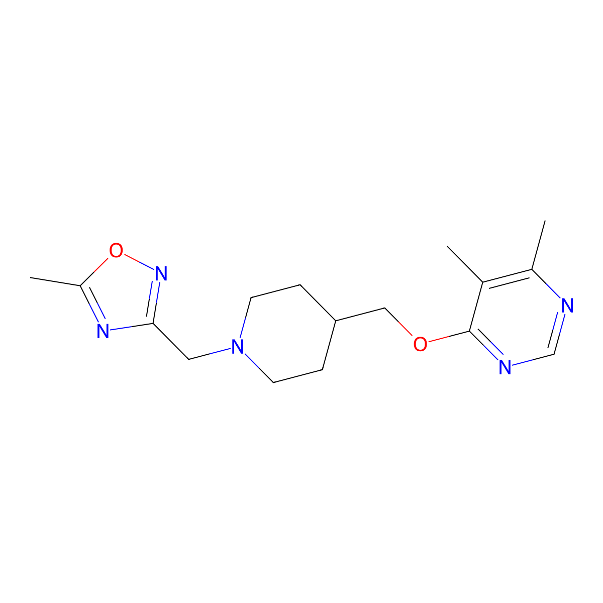 4,5-Dimethyl-6-({1-[(5-methyl-1,2,4-oxadiazol-3-yl)methyl]piperidin-4-yl}methoxy)pyrimidine molecular structure, CAS 2380009-12-9
