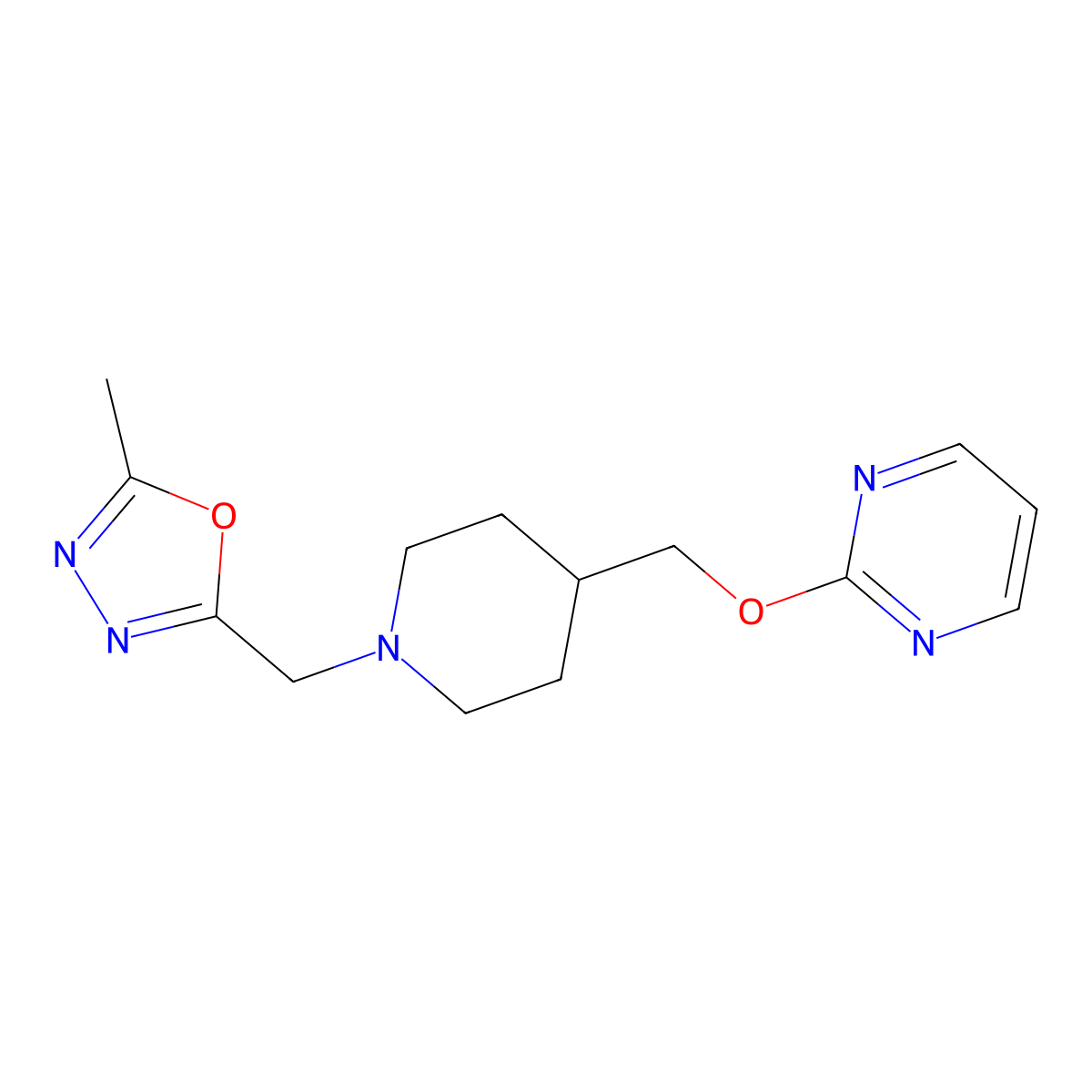 2-({1-[(5-Methyl-1,3,4-oxadiazol-2-yl)methyl]piperidin-4-yl}methoxy)pyrimidine molecular structure, CAS 2380009-17-4