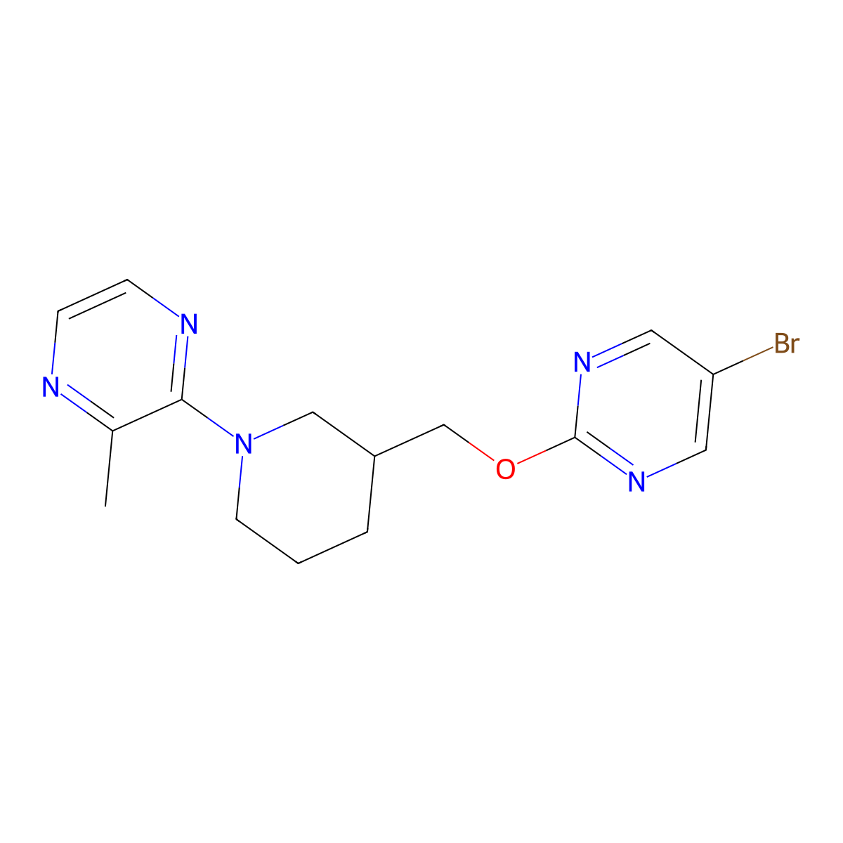 2-(3-{[(5-Bromopyrimidin-2-yl)oxy]methyl}piperidin-1-yl)-3-methylpyrazine molecular structure, CAS 2380009-42-5