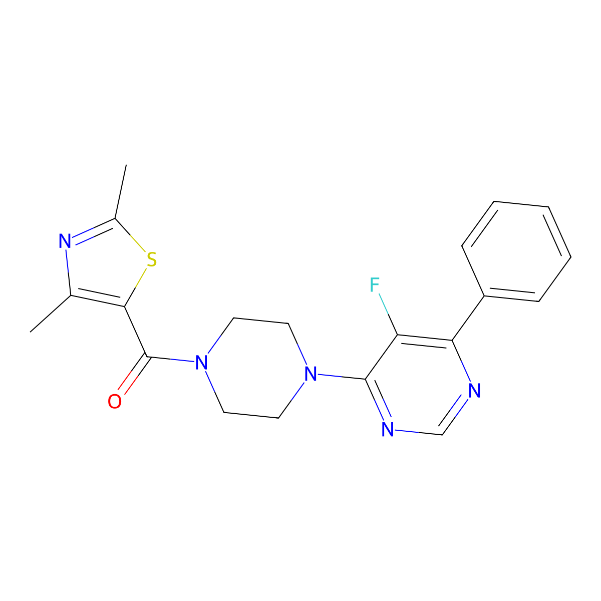 4-[4-(2,4-Dimethyl-1,3-thiazole-5-carbonyl)piperazin-1-yl]-5-fluoro-6-phenylpyrimidine molecular structure, CAS 2380009-47-0
