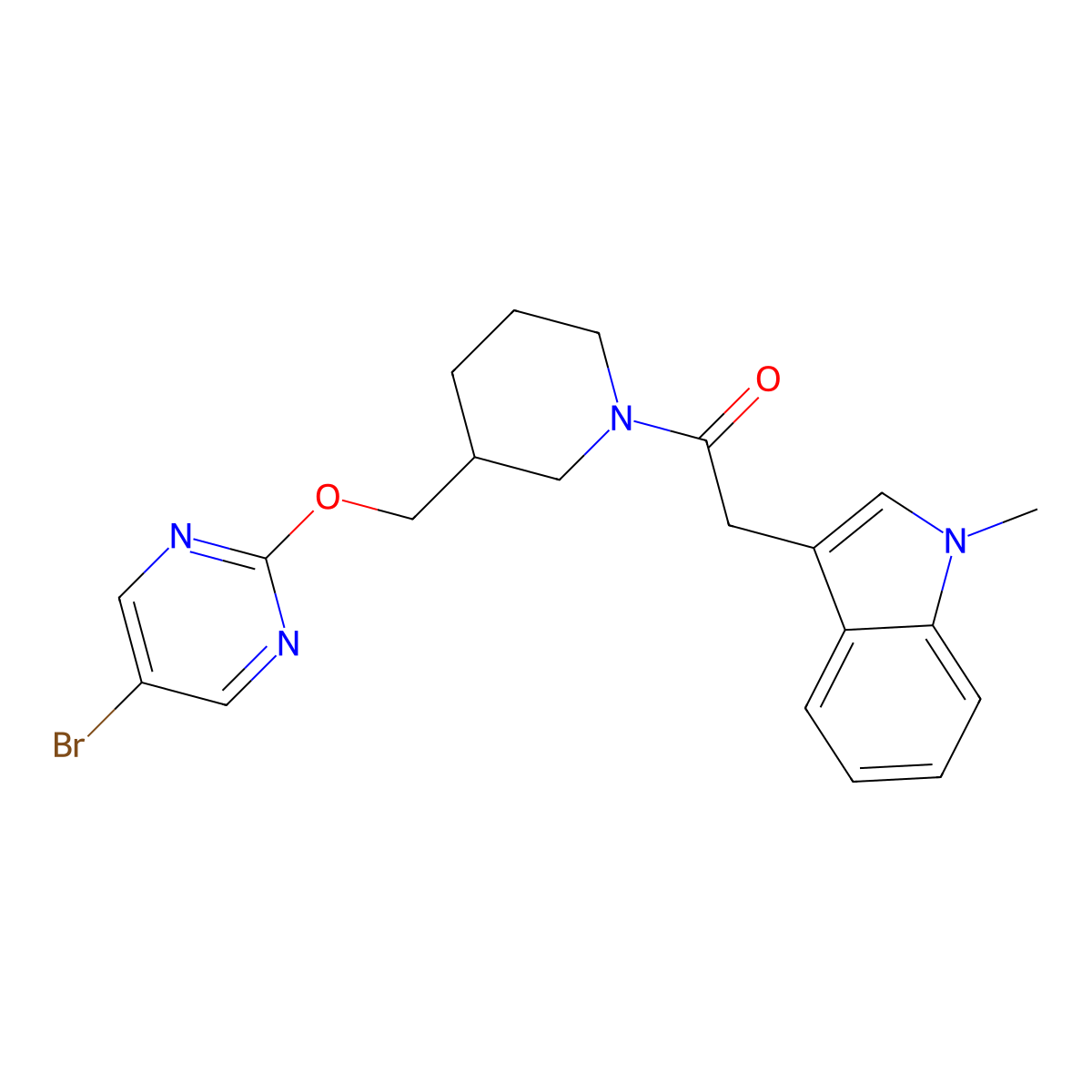 1-(3-{[(5-bromopyrimidin-2-yl)oxy]methyl}piperidin-1-yl)-2-(1-methyl-1H-indol-3-yl)ethan-1-one molecular structure, CAS 2380009-50-5