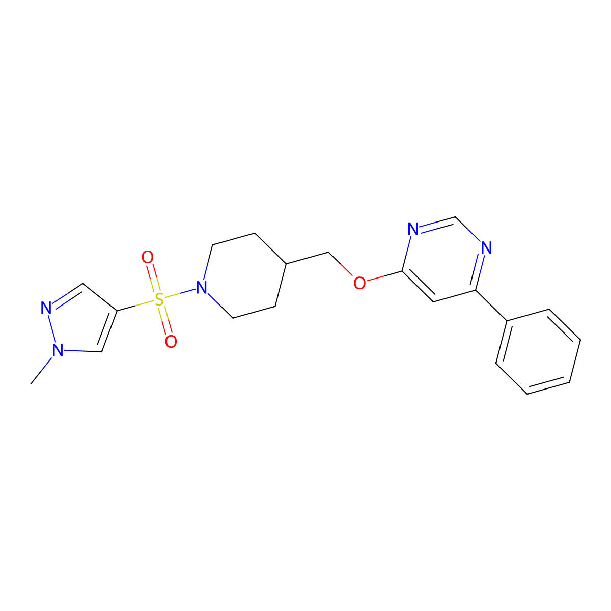 4-({1-[(1-methyl-1H-pyrazol-4-yl)sulfonyl]piperidin-4-yl}methoxy)-6-phenylpyrimidine molecular structure, CAS 2380009-74-3