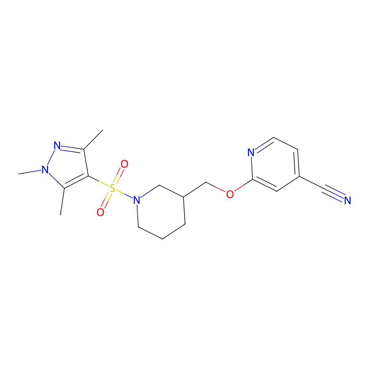 2-({1-[(1,3,5-trimethyl-1H-pyrazol-4-yl)sulfonyl]piperidin-3-yl}methoxy)pyridine-4-carbonitrile molecular structure, CAS 2380009-75-4