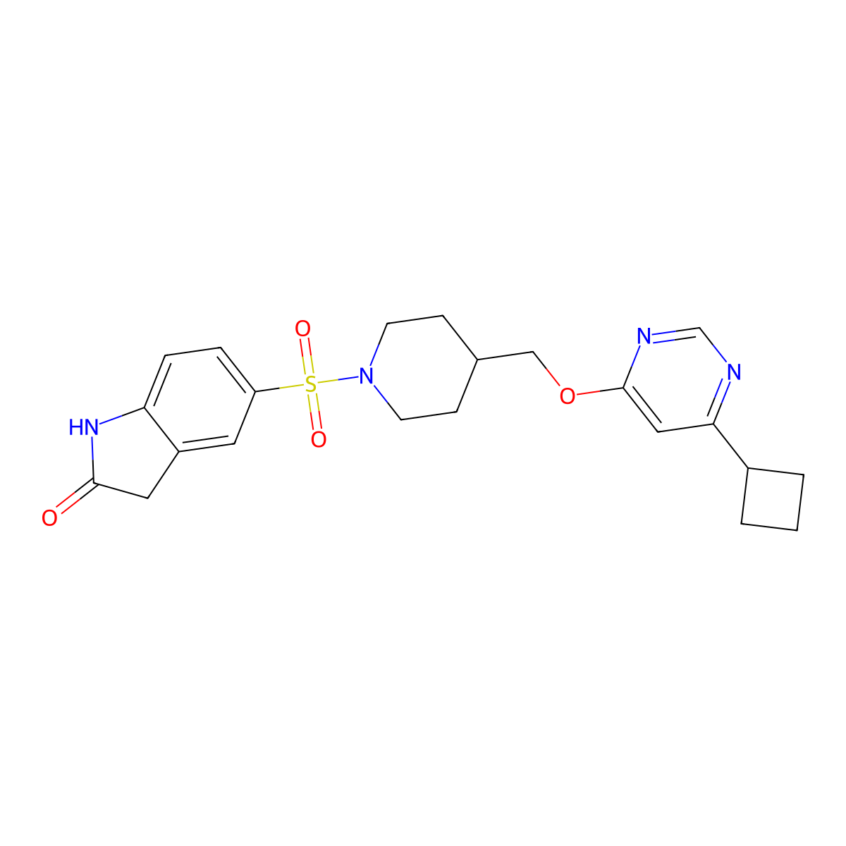 5-[(4-{[(6-cyclobutylpyrimidin-4-yl)oxy]methyl}piperidin-1-yl)sulfonyl]-2,3-dihydro-1H-indol-2-one molecular structure, CAS 2380009-76-5