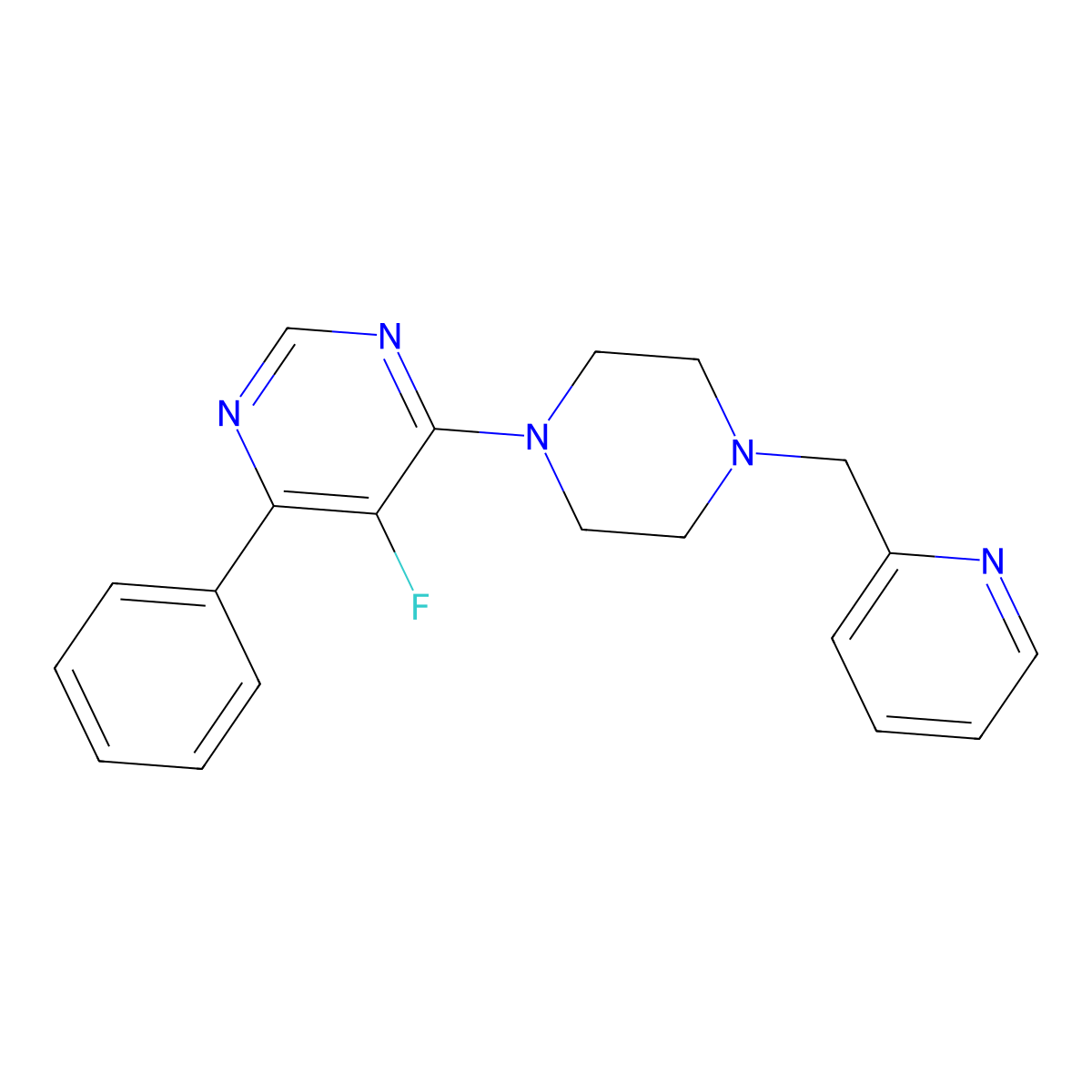 5-Fluoro-4-phenyl-6-{4-[(pyridin-2-yl)methyl]piperazin-1-yl}pyrimidine molecular structure, CAS 2380010-04-6