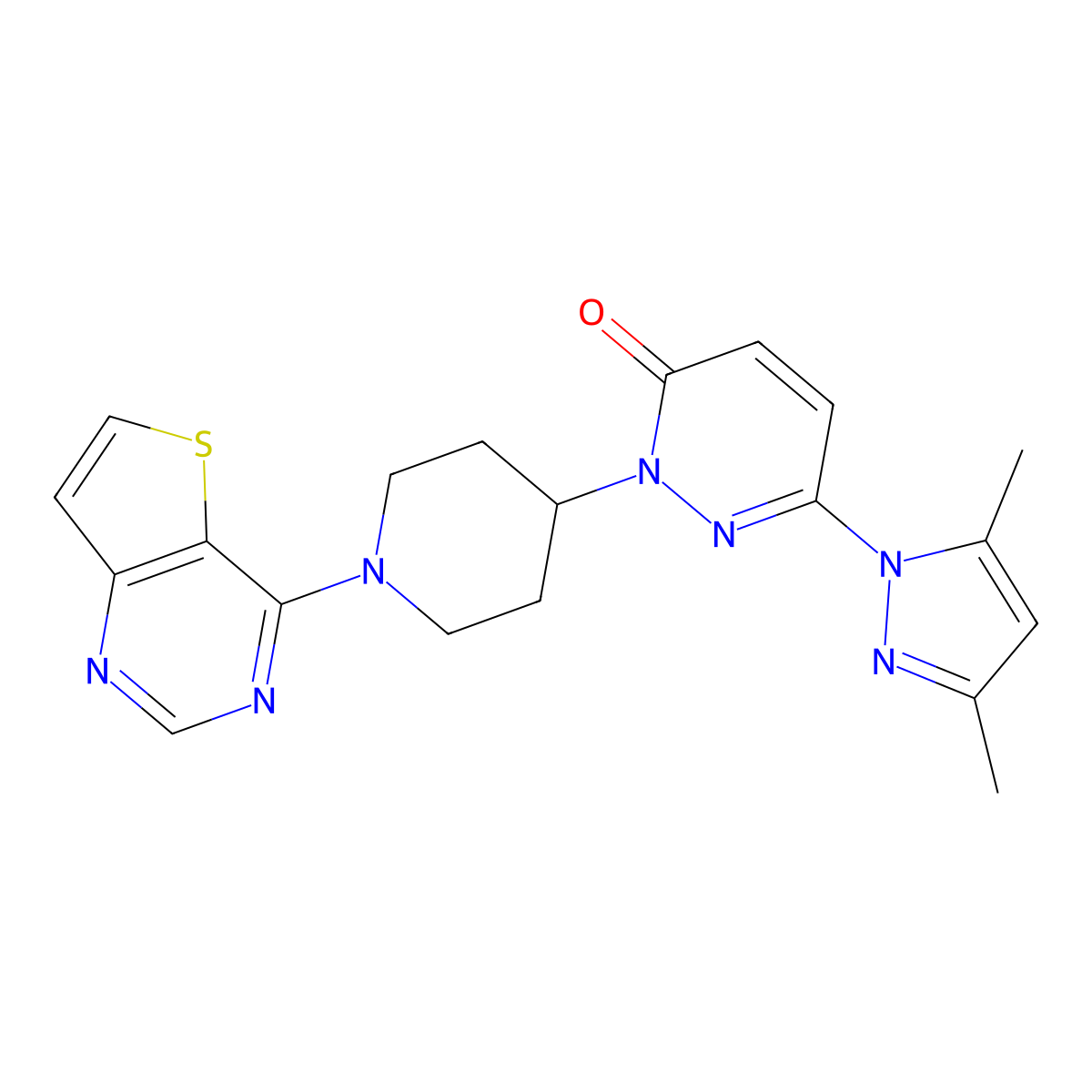 6-(3,5-dimethyl-1H-pyrazol-1-yl)-2-(1-{thieno[3,2-d]pyrimidin-4-yl}piperidin-4-yl)-2,3-dihydropyridazin-3-one molecular structure, CAS 2380010-10-4