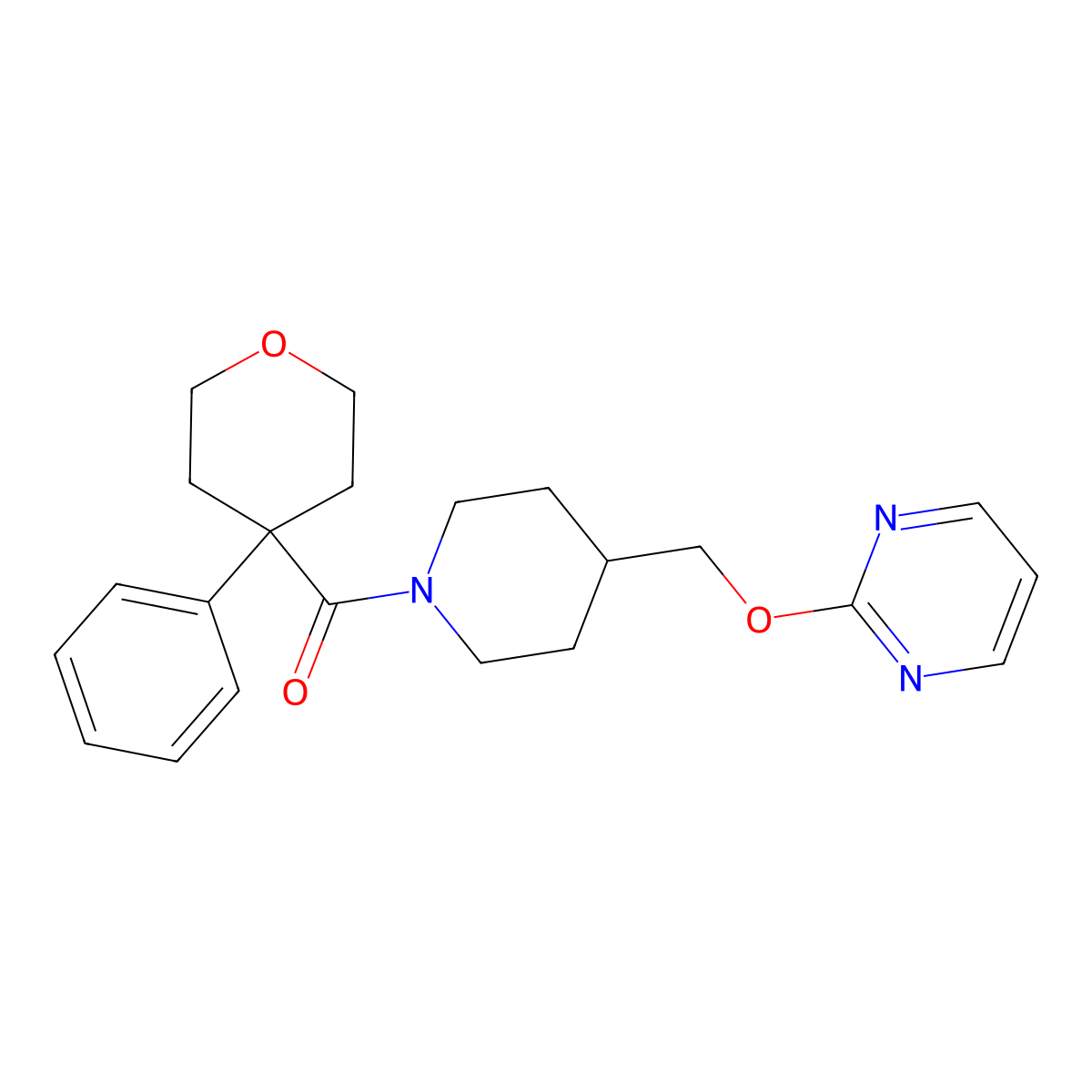 2-{[1-(4-Phenyloxane-4-carbonyl)piperidin-4-yl]methoxy}pyrimidine molecular structure, CAS 2380010-31-9