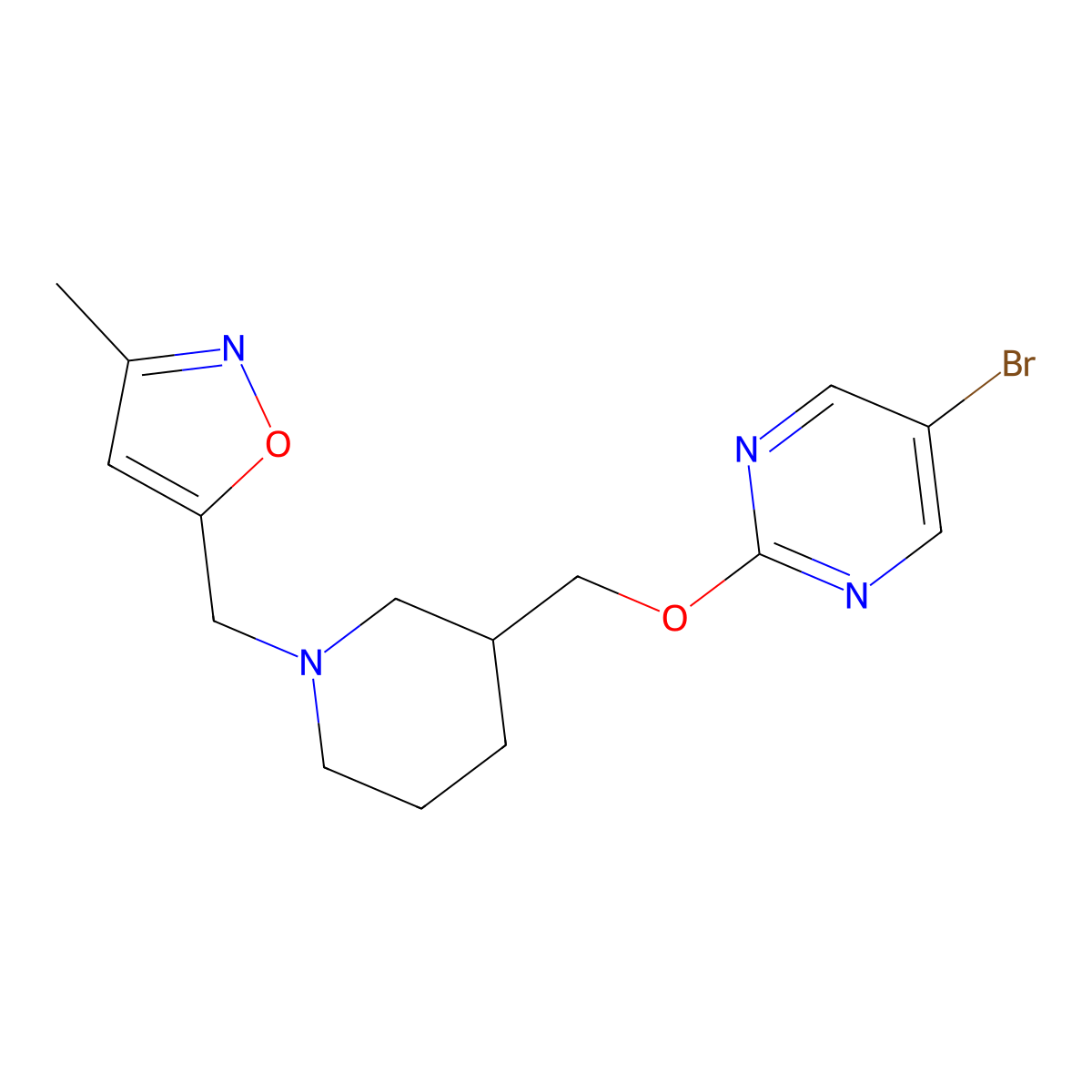 5-Bromo-2-({1-[(3-methyl-1,2-oxazol-5-yl)methyl]piperidin-3-yl}methoxy)pyrimidine molecular structure, CAS 2380010-33-1