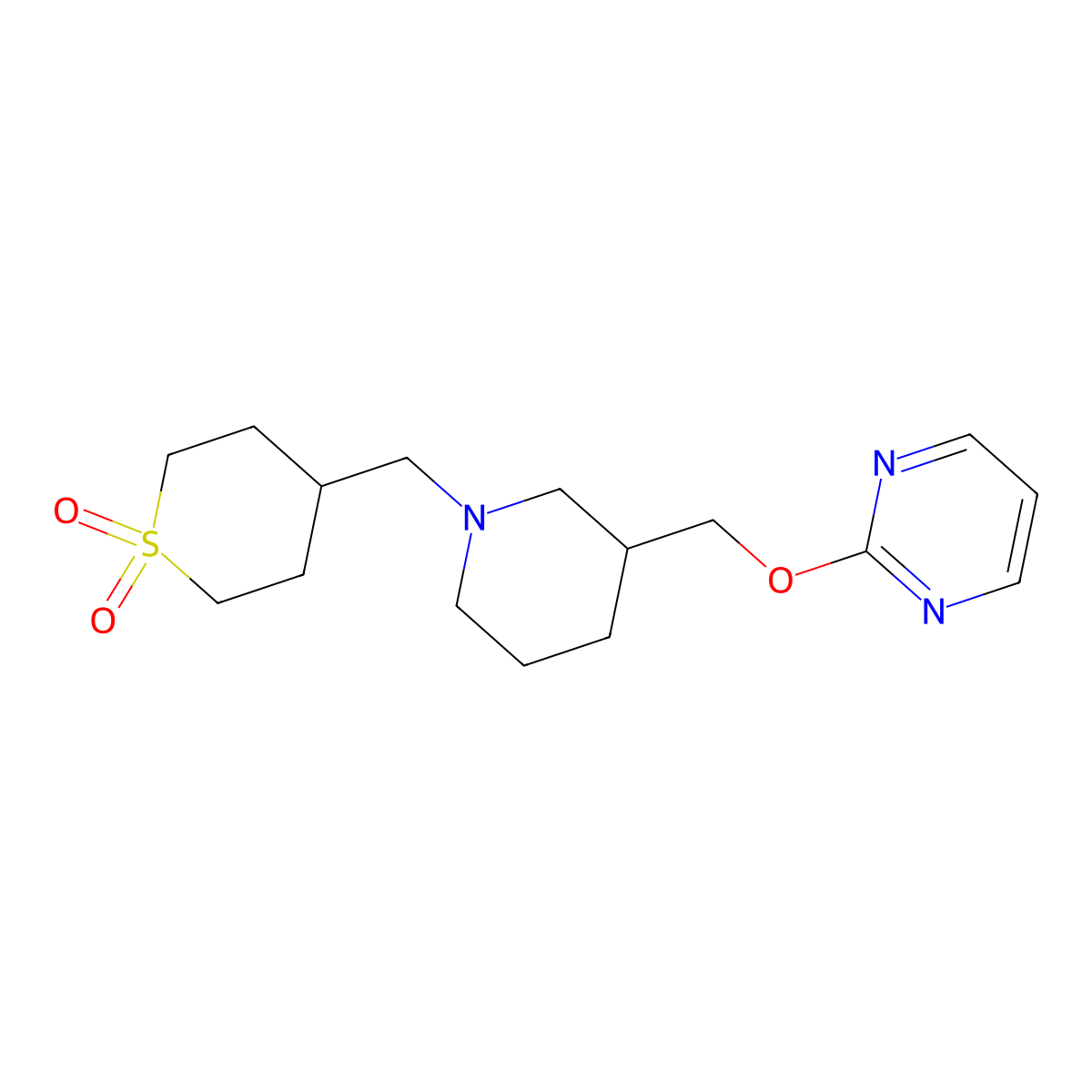4-({3-[(Pyrimidin-2-yloxy)methyl]piperidin-1-yl}methyl)-1lambda6-thiane-1,1-dione molecular structure, CAS 2380010-34-2