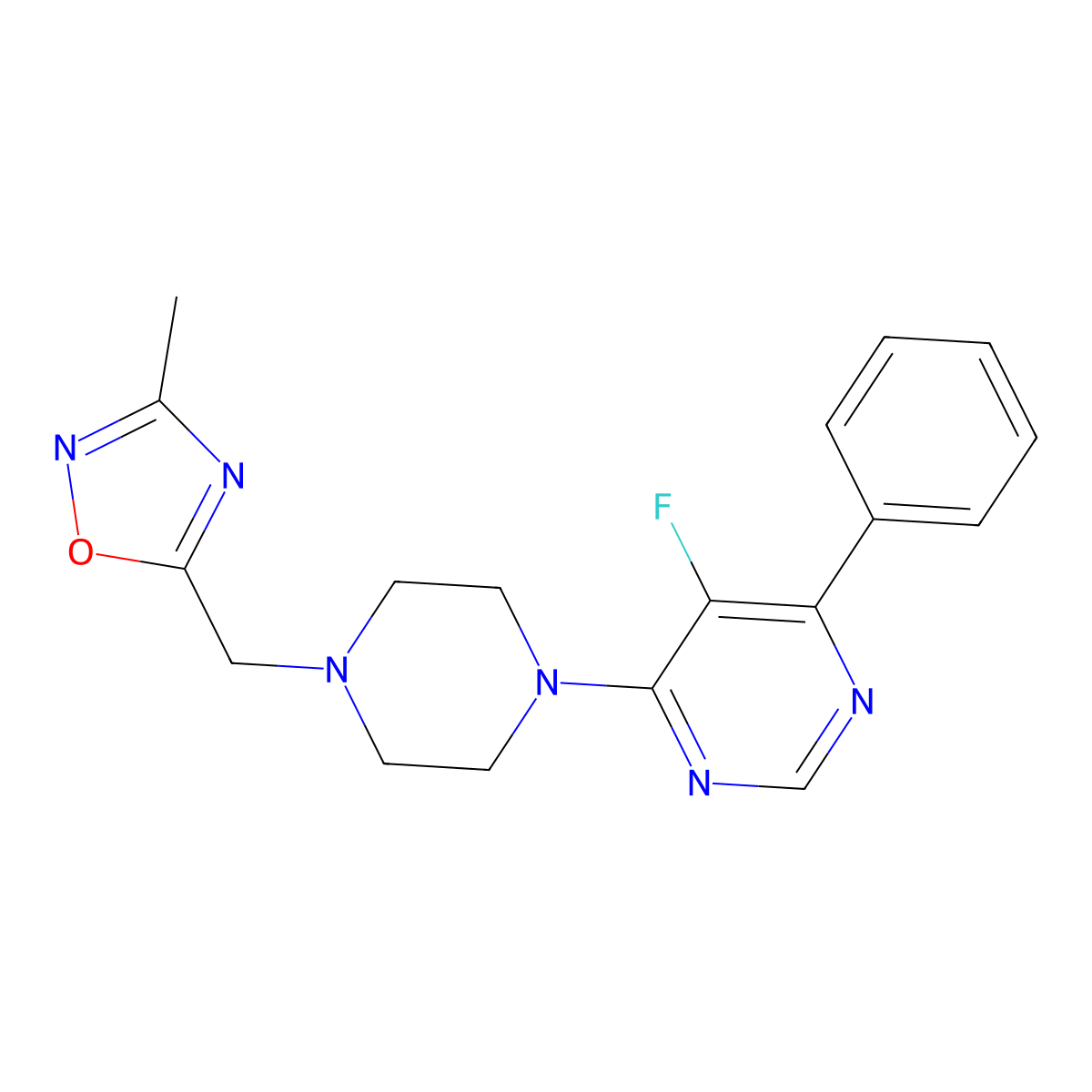 5-Fluoro-4-{4-[(3-methyl-1,2,4-oxadiazol-5-yl)methyl]piperazin-1-yl}-6-phenylpyrimidine molecular structure, CAS 2380010-42-2