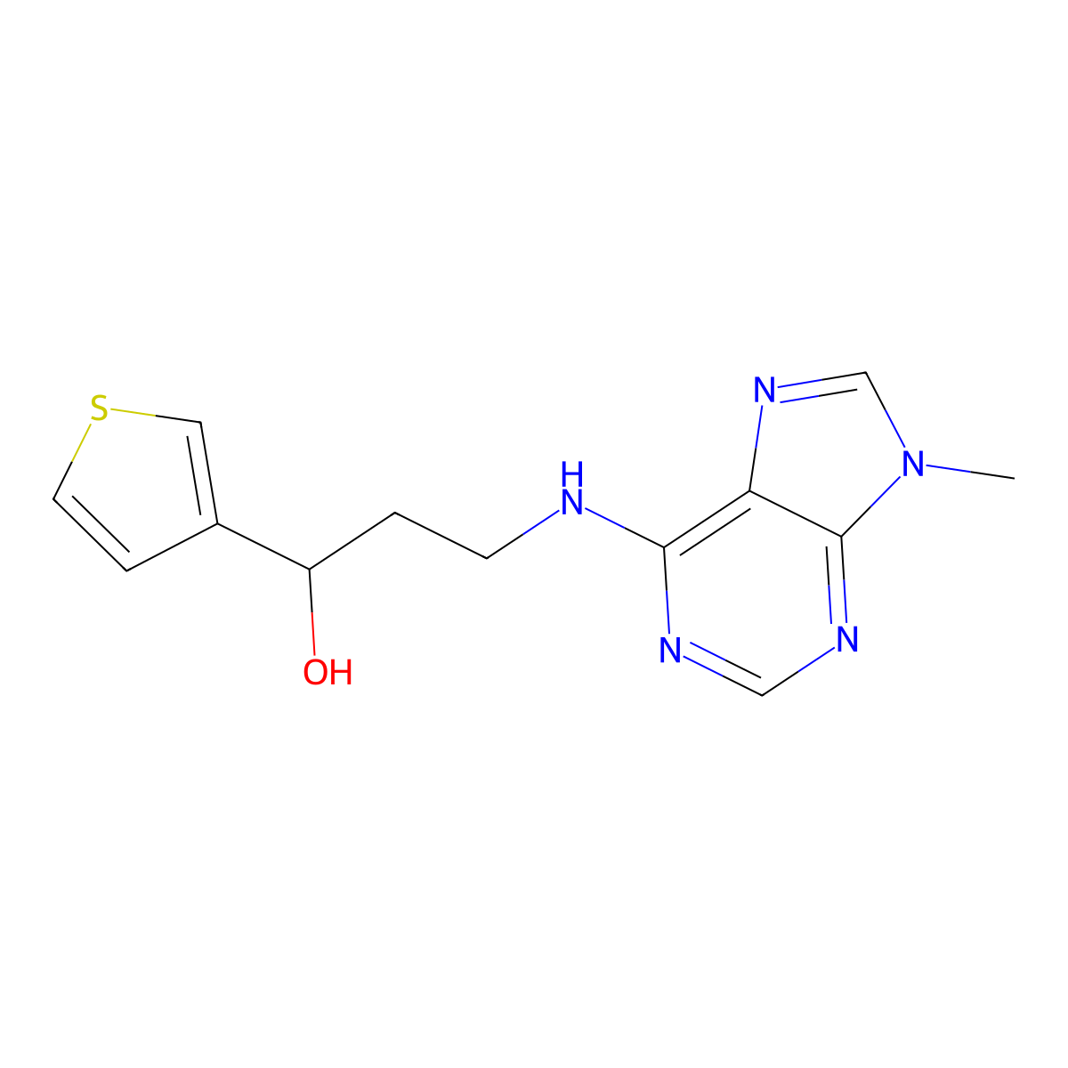 3-[(9-methyl-9H-purin-6-yl)amino]-1-(thiophen-3-yl)propan-1-ol molecular structure, CAS 2380010-47-7