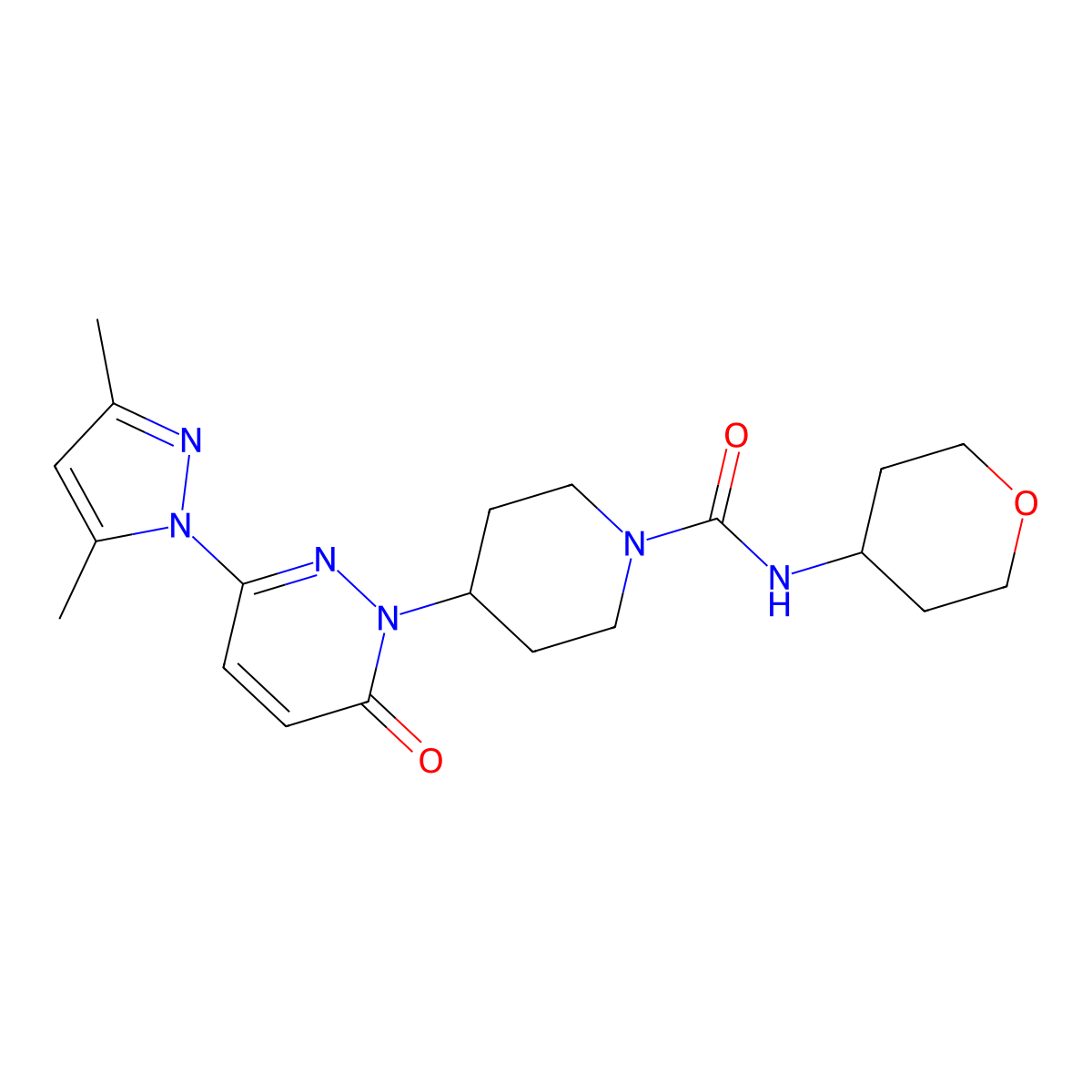 4-[3-(3,5-dimethyl-1H-pyrazol-1-yl)-6-oxo-1,6-dihydropyridazin-1-yl]-N-(oxan-4-yl)piperidine-1-carboxamide molecular structure, CAS 2380010-51-3