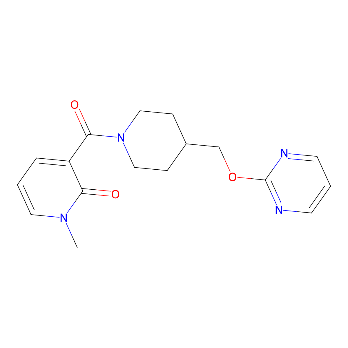 1-Methyl-3-{4-[(pyrimidin-2-yloxy)methyl]piperidine-1-carbonyl}-1,2-dihydropyridin-2-one molecular structure, CAS 2380010-56-8