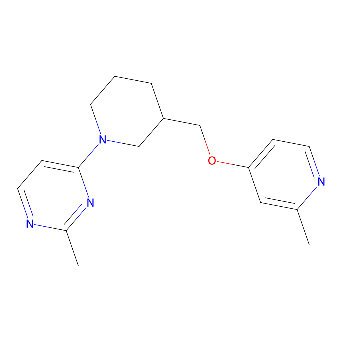 2-Methyl-4-(3-{[(2-methylpyridin-4-yl)oxy]methyl}piperidin-1-yl)pyrimidine molecular structure, CAS 2380010-60-4