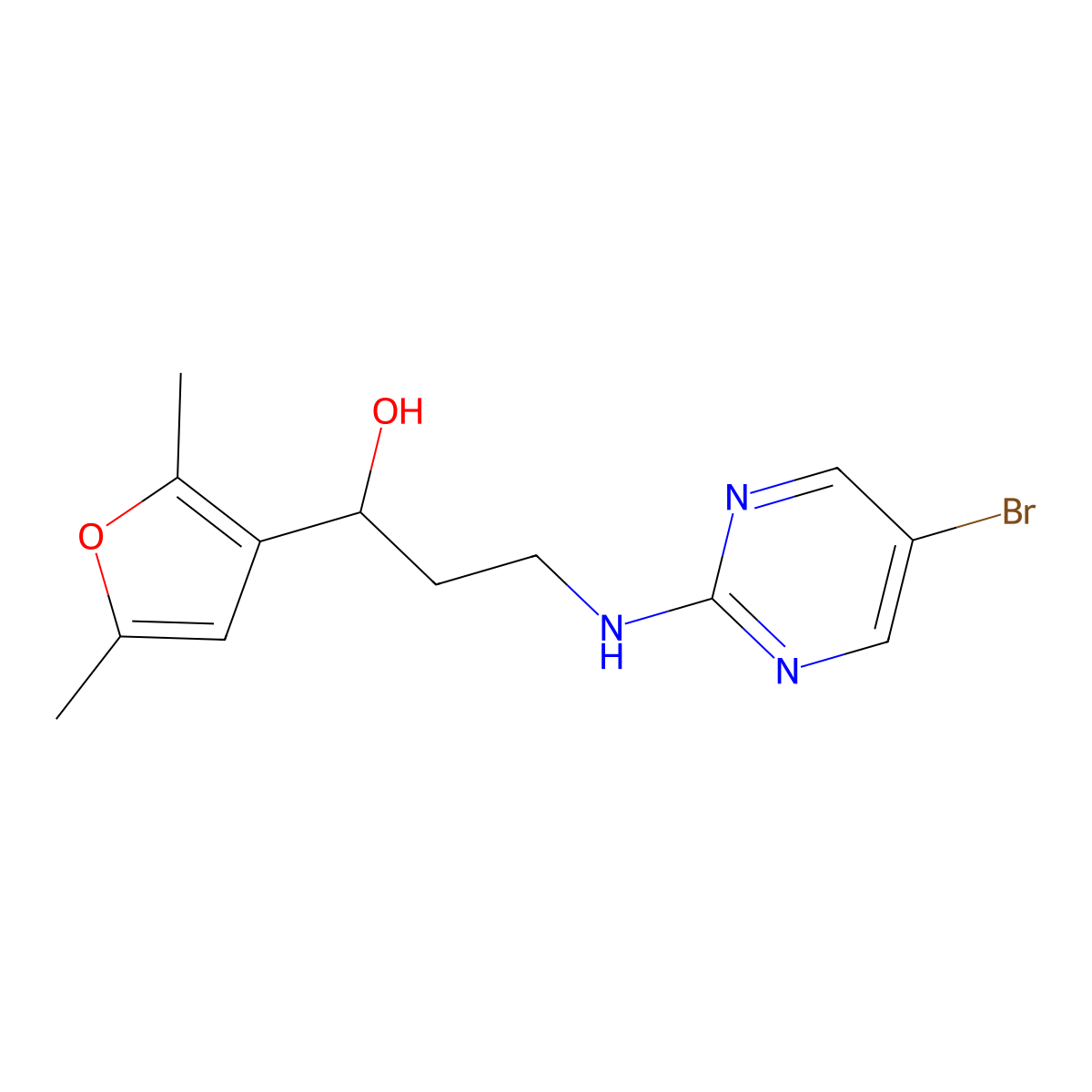 3-[(5-Bromopyrimidin-2-yl)amino]-1-(2,5-dimethylfuran-3-yl)propan-1-ol molecular structure, CAS 2380010-61-5