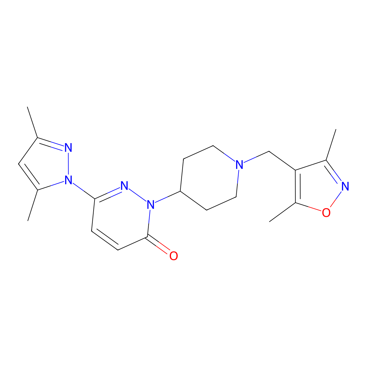 2-{1-[(3,5-dimethyl-1,2-oxazol-4-yl)methyl]piperidin-4-yl}-6-(3,5-dimethyl-1H-pyrazol-1-yl)-2,3-dihydropyridazin-3-one molecular structure, CAS 2380010-79-5