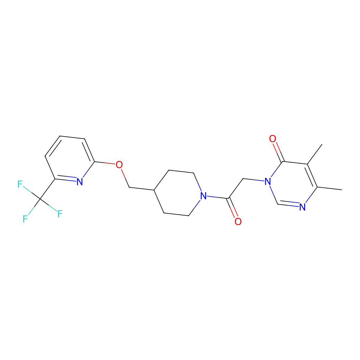 5,6-Dimethyl-3-{2-oxo-2-[4-({[6-(trifluoromethyl)pyridin-2-yl]oxy}methyl)piperidin-1-yl]ethyl}-3,4-dihydropyrimidin-4-one molecular structure, CAS 2380010-99-9