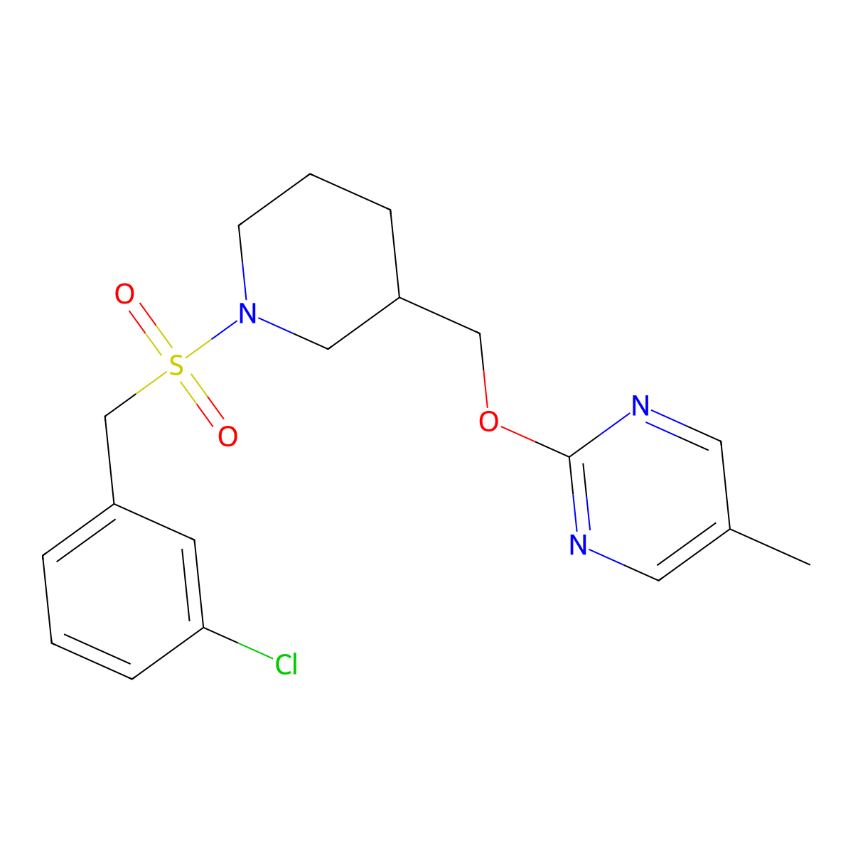 2-({1-[(3-Chlorophenyl)methanesulfonyl]piperidin-3-yl}methoxy)-5-methylpyrimidine molecular structure, CAS 2380011-04-9