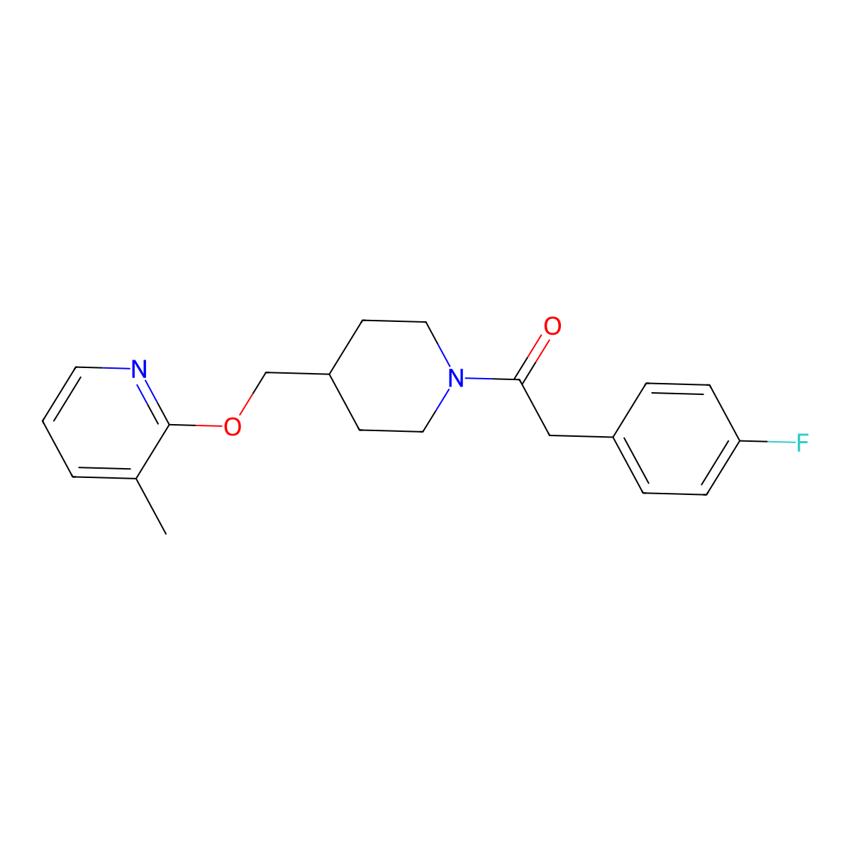 2-(4-Fluorophenyl)-1-(4-{[(3-methylpyridin-2-yl)oxy]methyl}piperidin-1-yl)ethan-1-one molecular structure, CAS 2380032-40-4