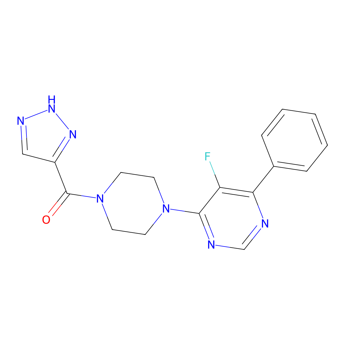 5-fluoro-4-phenyl-6-[4-(2H-1,2,3-triazole-4-carbonyl)piperazin-1-yl]pyrimidine molecular structure, CAS 2380032-53-9
