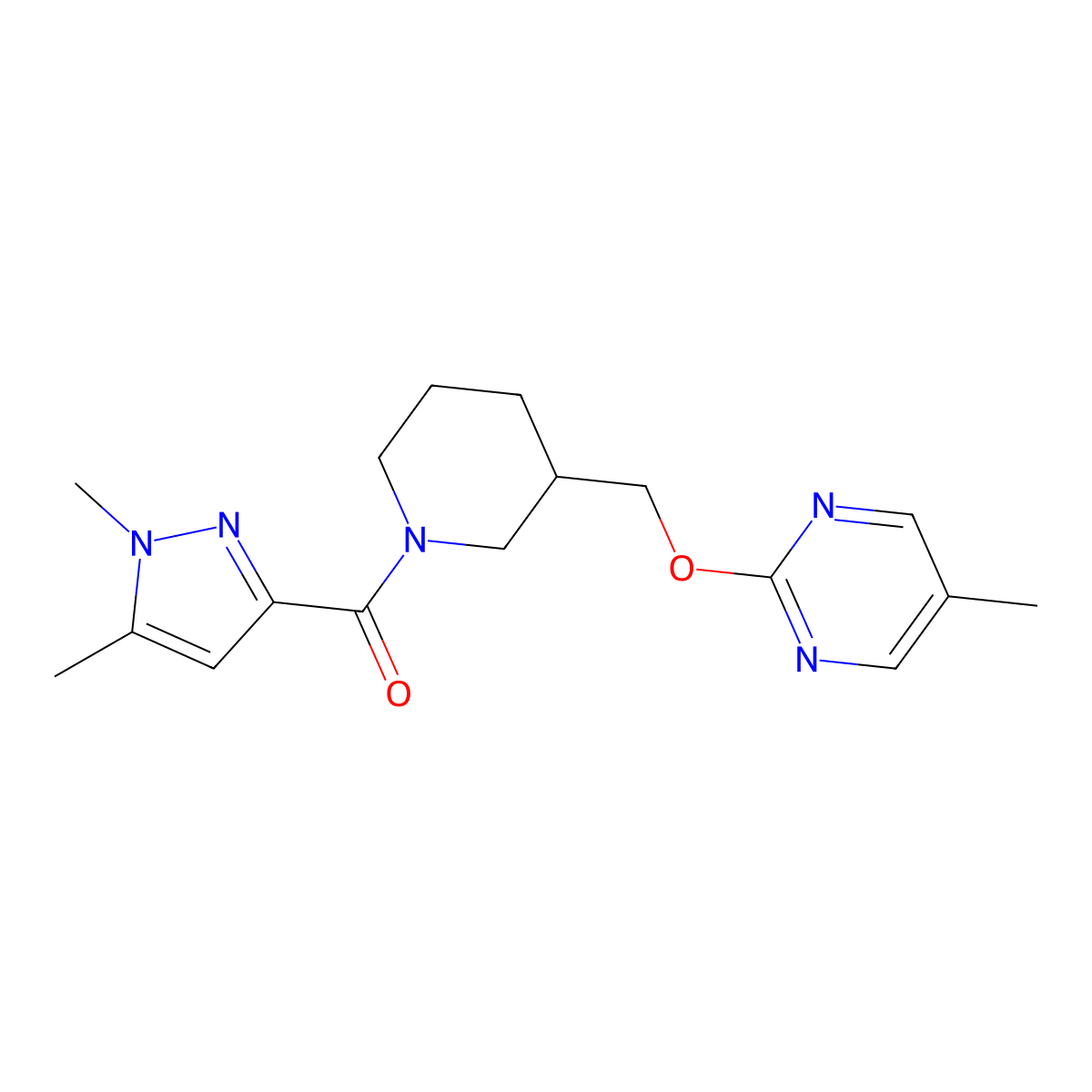 2-{[1-(1,5-dimethyl-1H-pyrazole-3-carbonyl)piperidin-3-yl]methoxy}-5-methylpyrimidine molecular structure, CAS 2380033-00-9