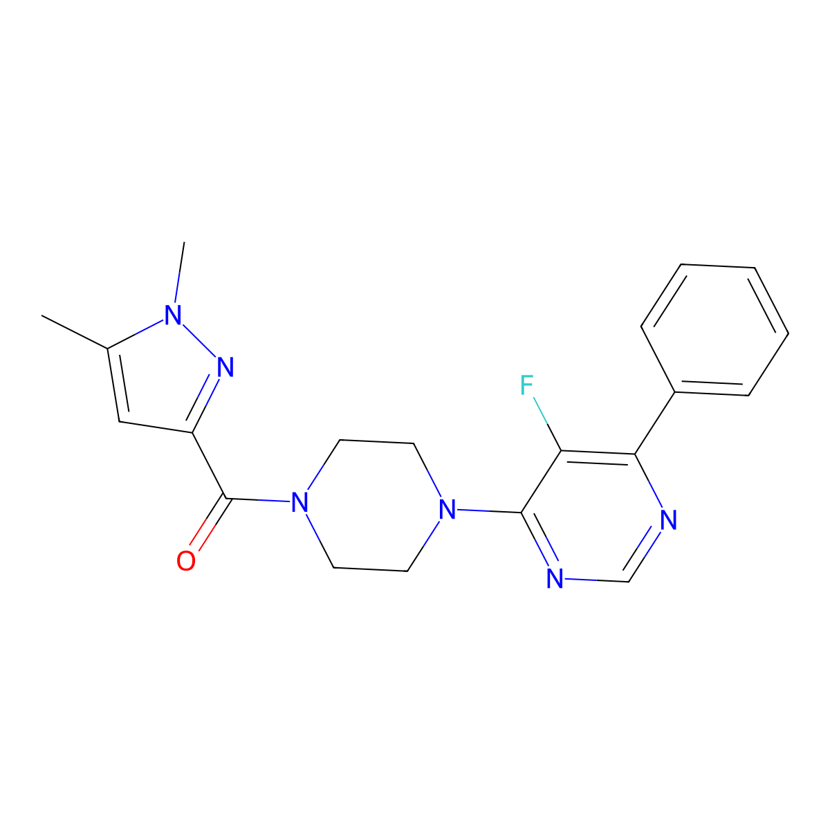 4-[4-(1,5-dimethyl-1H-pyrazole-3-carbonyl)piperazin-1-yl]-5-fluoro-6-phenylpyrimidine molecular structure, CAS 2380033-08-7