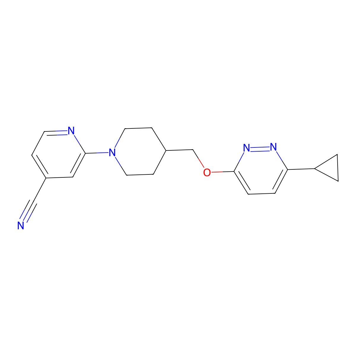 2-(4-{[(6-Cyclopropylpyridazin-3-yl)oxy]methyl}piperidin-1-yl)pyridine-4-carbonitrile molecular structure, CAS 2380033-18-9
