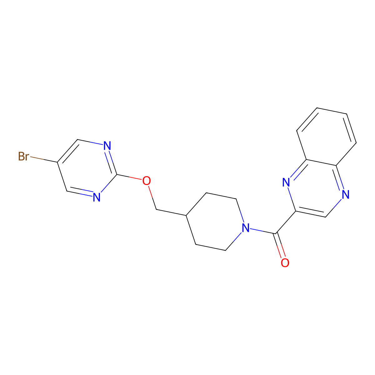 2-(4-{[(5-Bromopyrimidin-2-yl)oxy]methyl}piperidine-1-carbonyl)quinoxaline molecular structure, CAS 2380033-19-0