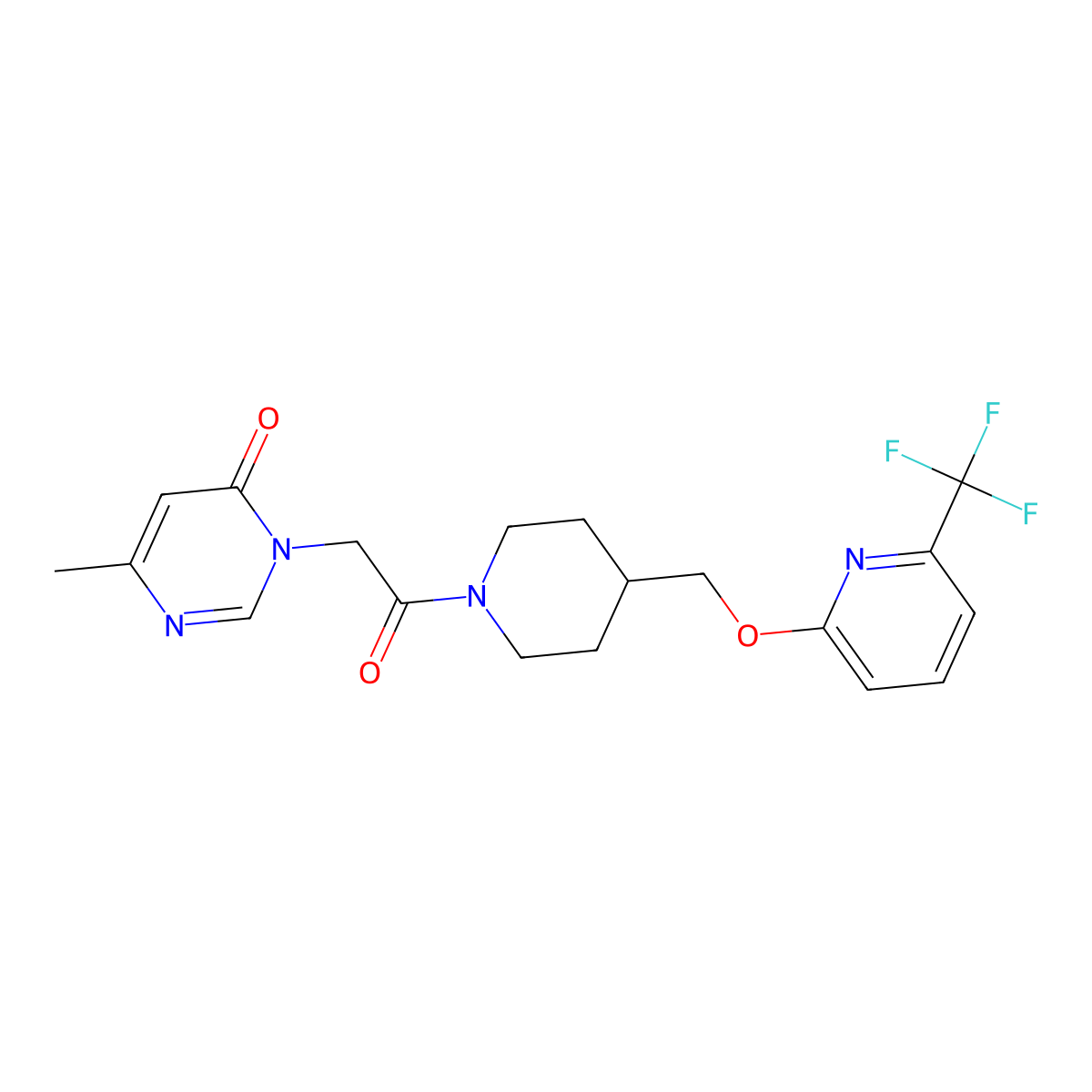 6-Methyl-3-{2-oxo-2-[4-({[6-(trifluoromethyl)pyridin-2-yl]oxy}methyl)piperidin-1-yl]ethyl}-3,4-dihydropyrimidin-4-one molecular structure, CAS 2380033-21-4