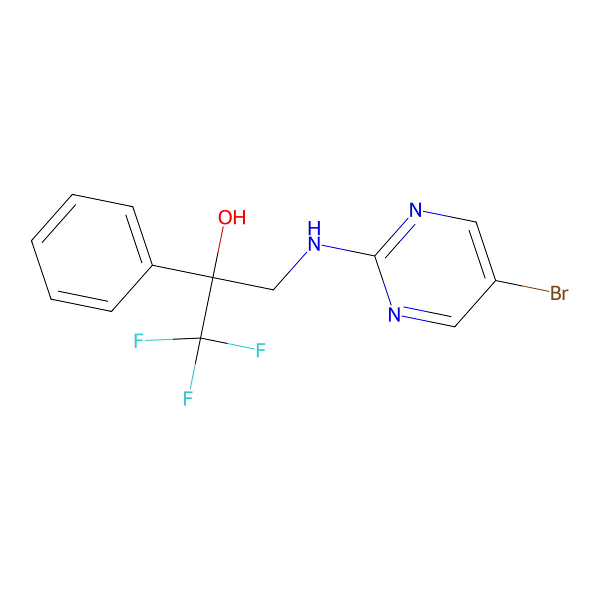 3-[(5-Bromopyrimidin-2-yl)amino]-1,1,1-trifluoro-2-phenylpropan-2-ol molecular structure, CAS 2380033-28-1