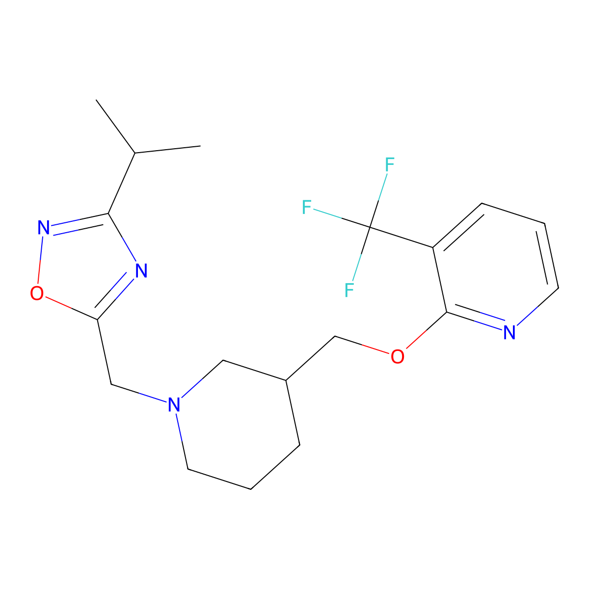 2-[(1-{[3-(Propan-2-yl)-1,2,4-oxadiazol-5-yl]methyl}piperidin-3-yl)methoxy]-3-(trifluoromethyl)pyridine molecular structure, CAS 2380033-31-6