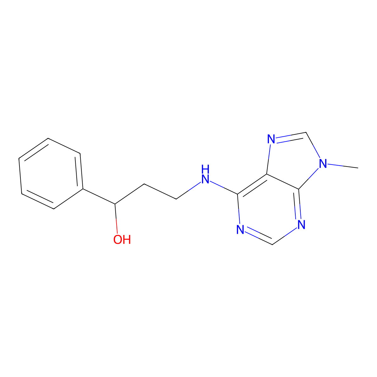 3-[(9-methyl-9H-purin-6-yl)amino]-1-phenylpropan-1-ol molecular structure, CAS 2380033-47-4