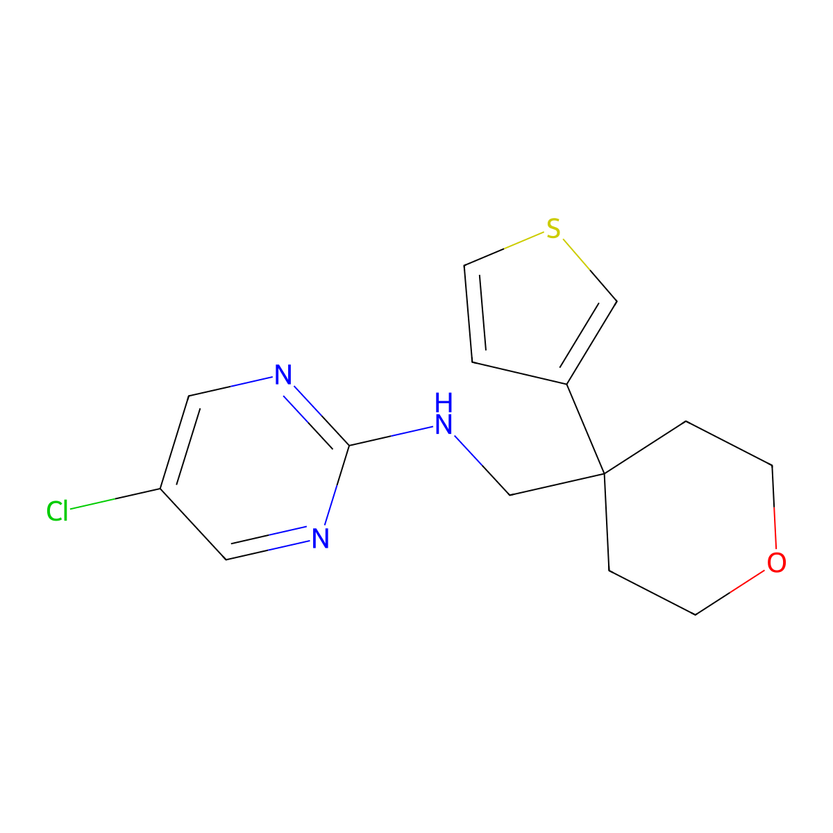 5-chloro-N-{[4-(thiophen-3-yl)oxan-4-yl]methyl}pyrimidin-2-amine molecular structure, CAS 2380033-64-5