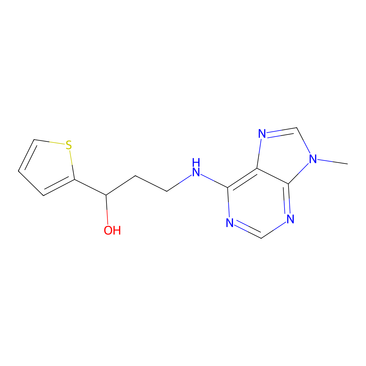 3-[(9-methyl-9H-purin-6-yl)amino]-1-(thiophen-2-yl)propan-1-ol molecular structure, CAS 2380033-67-8