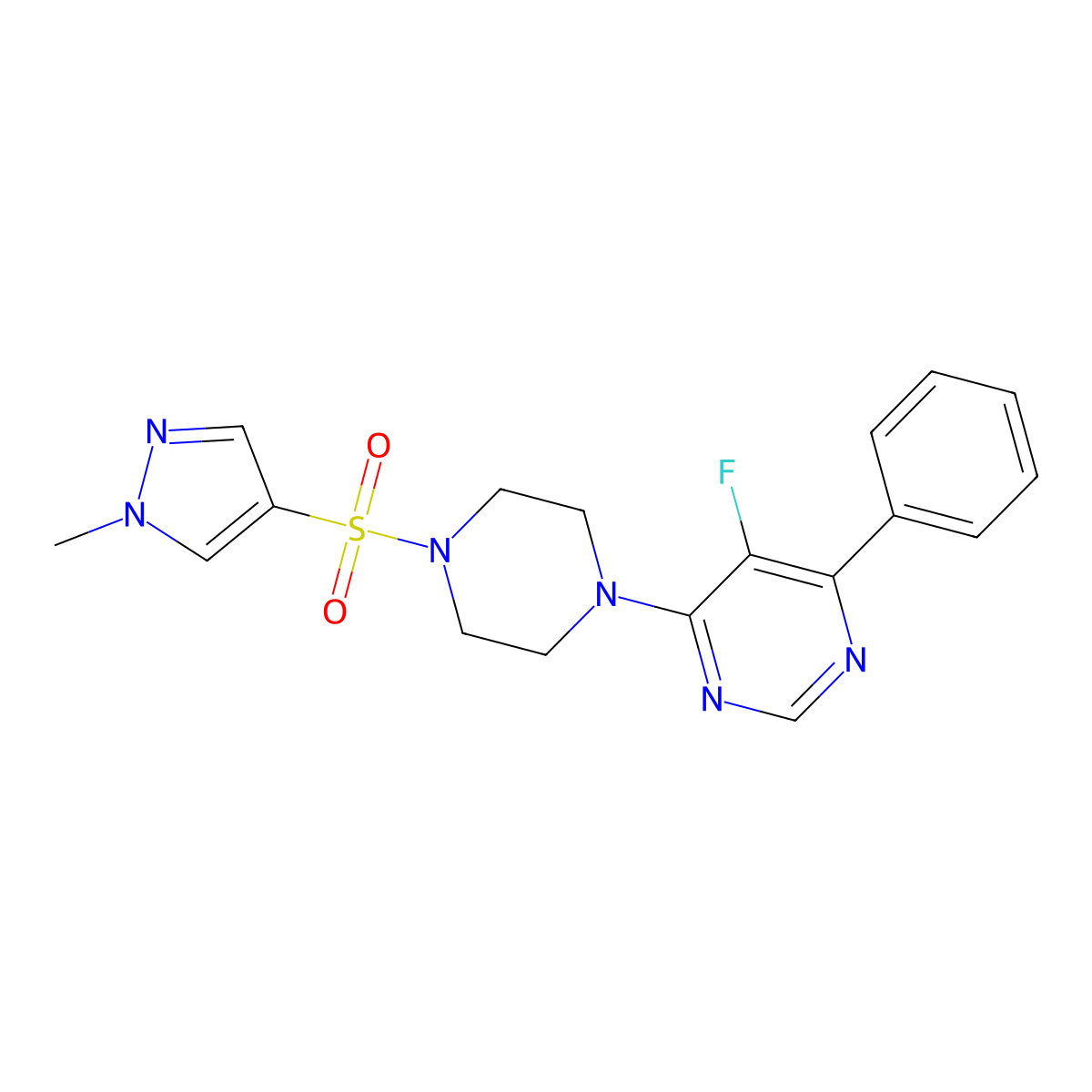 5-fluoro-4-{4-[(1-methyl-1H-pyrazol-4-yl)sulfonyl]piperazin-1-yl}-6-phenylpyrimidine molecular structure, CAS 2380033-68-9