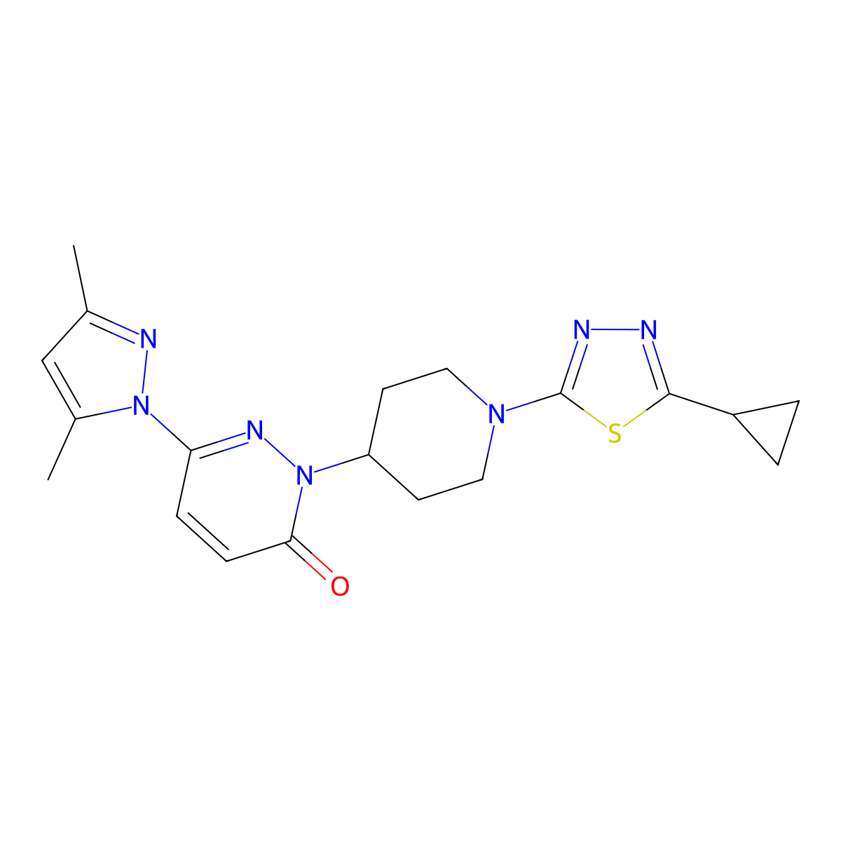 2-[1-(5-cyclopropyl-1,3,4-thiadiazol-2-yl)piperidin-4-yl]-6-(3,5-dimethyl-1H-pyrazol-1-yl)-2,3-dihydropyridazin-3-one molecular structure, CAS 2380033-73-6