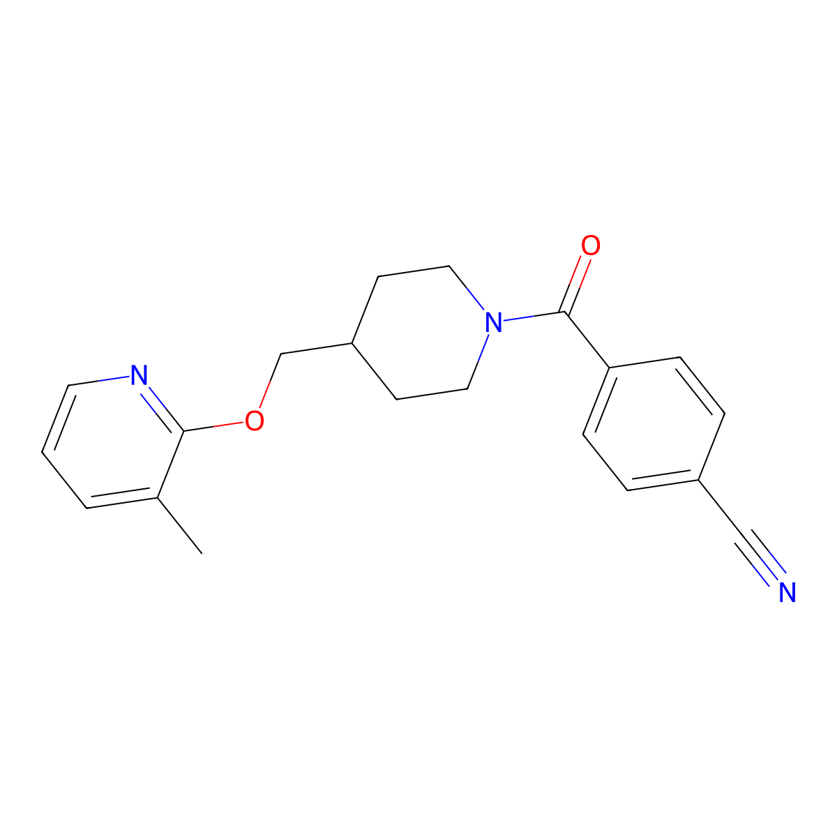 4-(4-{[(3-Methylpyridin-2-yl)oxy]methyl}piperidine-1-carbonyl)benzonitrile molecular structure, CAS 2380033-74-7