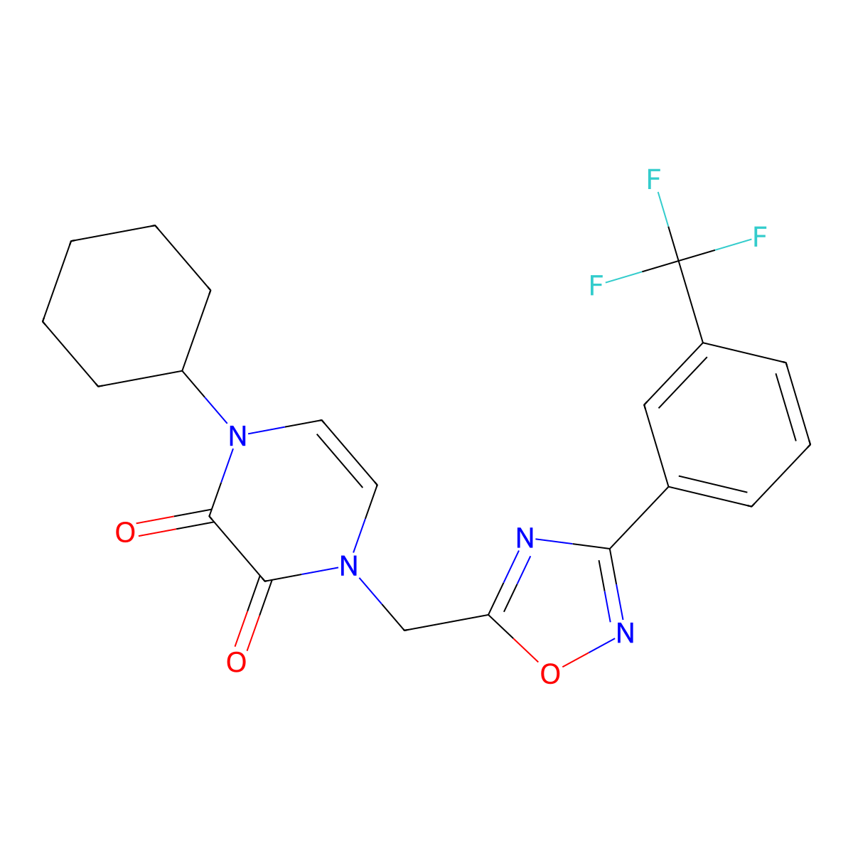 1-Cyclohexyl-4-[[3-[3-(trifluoromethyl)phenyl]-1,2,4-oxadiazol-5-yl]methyl]pyrazine-2,3-dione molecular structure, CAS 2380033-78-1