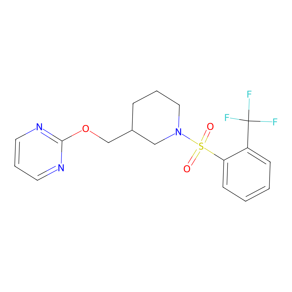 2-({1-[2-(Trifluoromethyl)benzenesulfonyl]piperidin-3-yl}methoxy)pyrimidine molecular structure, CAS 2380033-80-5