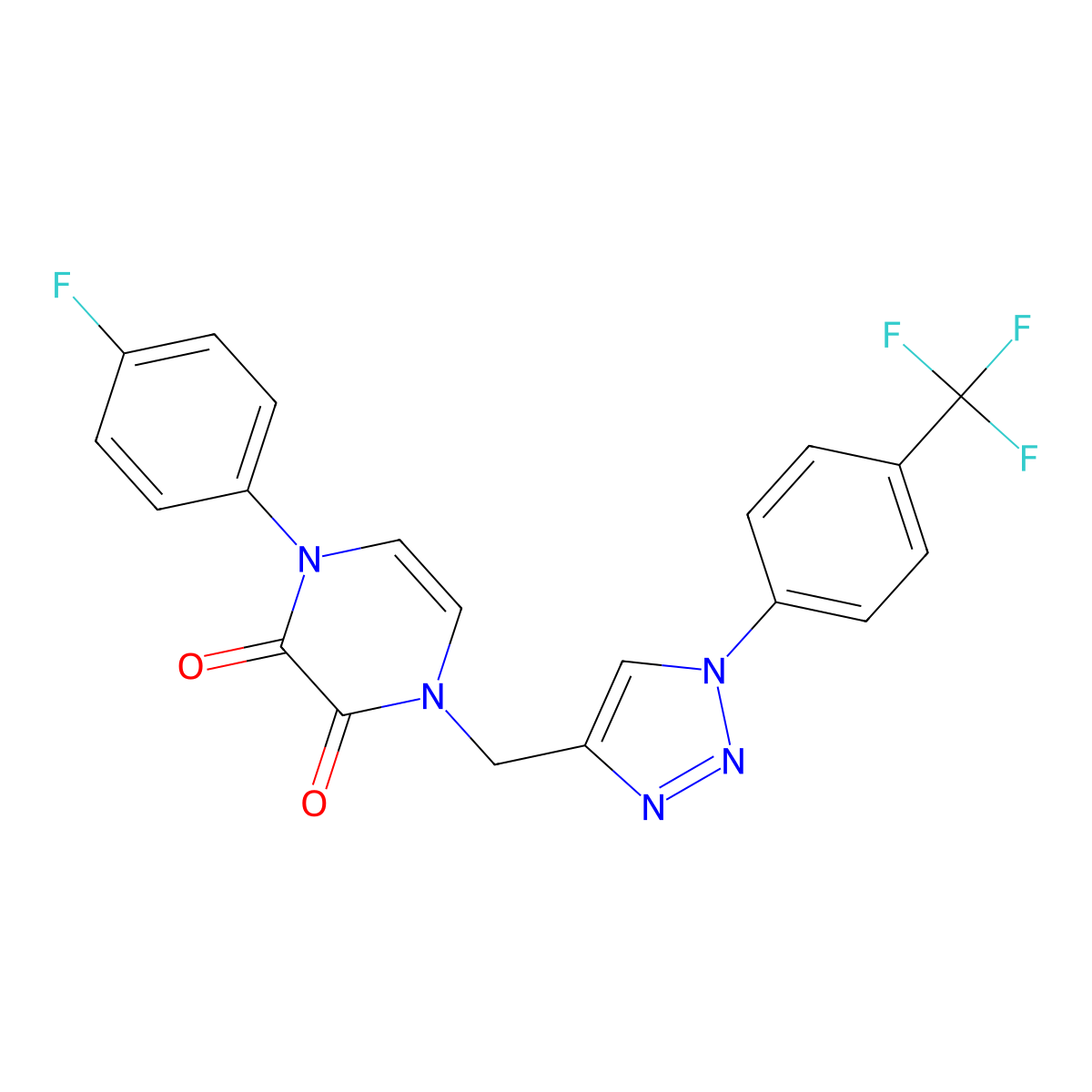 1-(4-fluorophenyl)-4-({1-[4-(trifluoromethyl)phenyl]-1H-1,2,3-triazol-4-yl}methyl)-1,2,3,4-tetrahydropyrazine-2,3-dione molecular structure, CAS 2380033-92-9