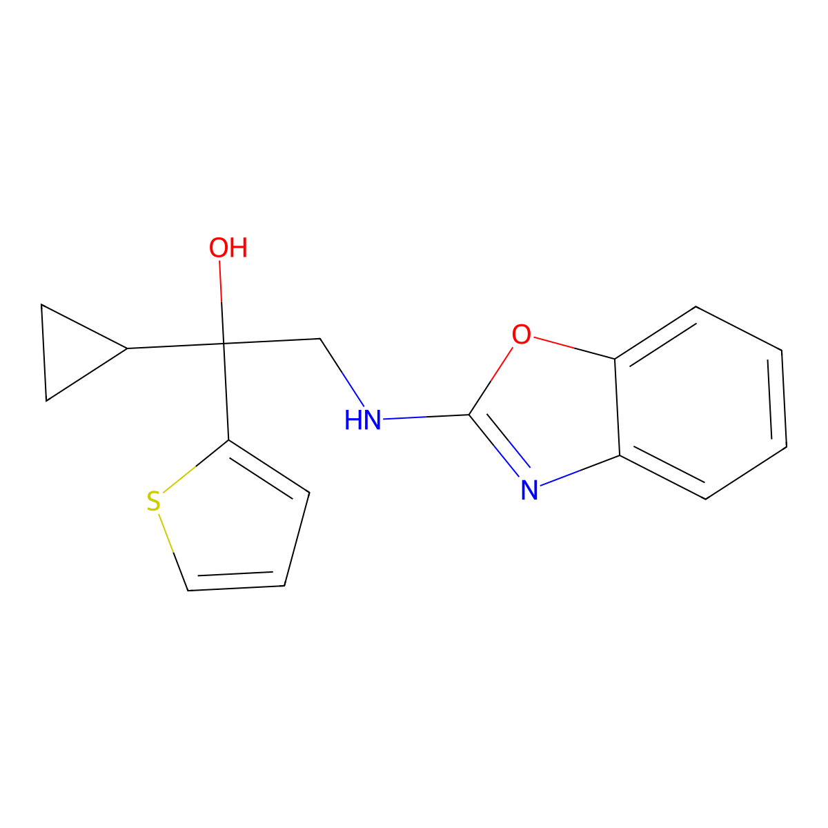 2-[(1,3-Benzoxazol-2-yl)amino]-1-cyclopropyl-1-(thiophen-2-yl)ethan-1-ol molecular structure, CAS 2380034-02-4