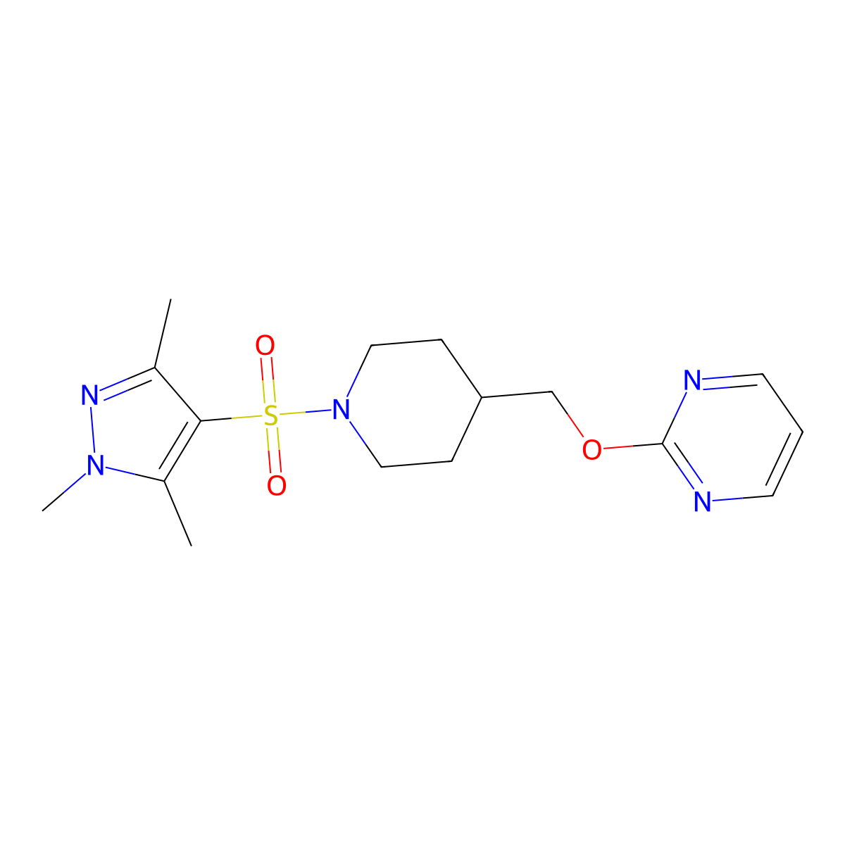 2-({1-[(1,3,5-trimethyl-1H-pyrazol-4-yl)sulfonyl]piperidin-4-yl}methoxy)pyrimidine molecular structure, CAS 2380034-05-7