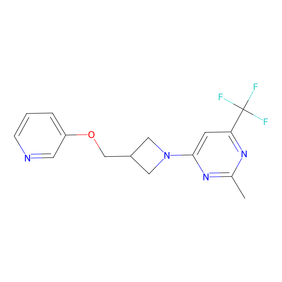 2-Methyl-4-{3-[(pyridin-3-yloxy)methyl]azetidin-1-yl}-6-(trifluoromethyl)pyrimidine molecular structure, CAS 2380034-15-9