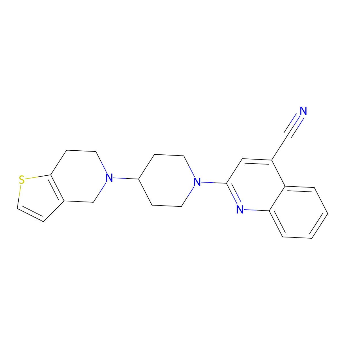 2-(4-{4H,5H,6H,7H-thieno[3,2-c]pyridin-5-yl}piperidin-1-yl)quinoline-4-carbonitrile molecular structure, CAS 2380034-19-3
