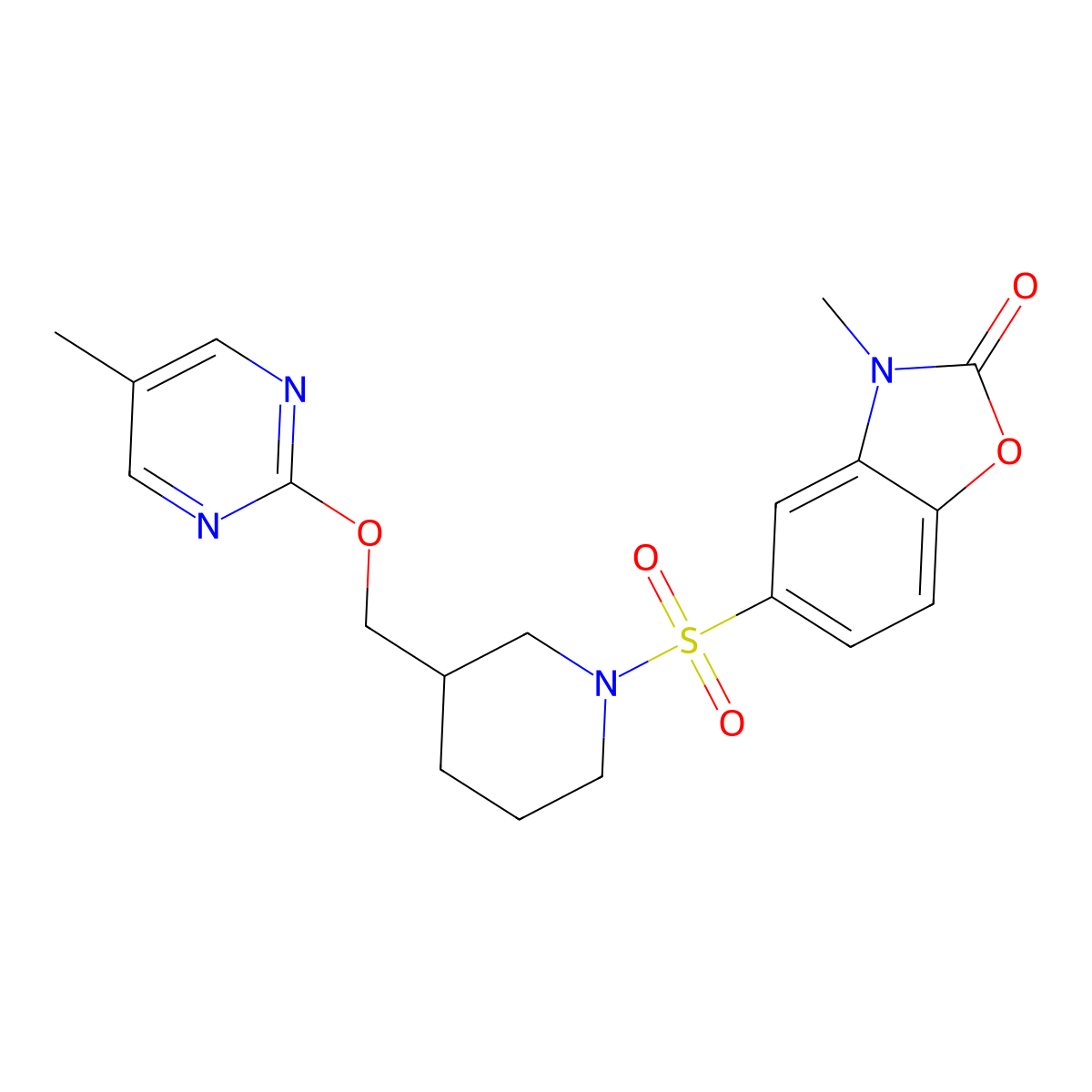 3-Methyl-5-[(3-{[(5-methylpyrimidin-2-yl)oxy]methyl}piperidin-1-yl)sulfonyl]-2,3-dihydro-1,3-benzoxazol-2-one molecular structure, CAS 2380034-28-4