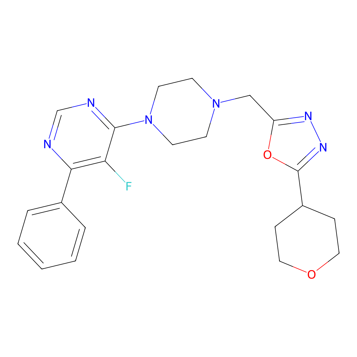 5-Fluoro-4-(4-{[5-(oxan-4-yl)-1,3,4-oxadiazol-2-yl]methyl}piperazin-1-yl)-6-phenylpyrimidine molecular structure, CAS 2380034-29-5