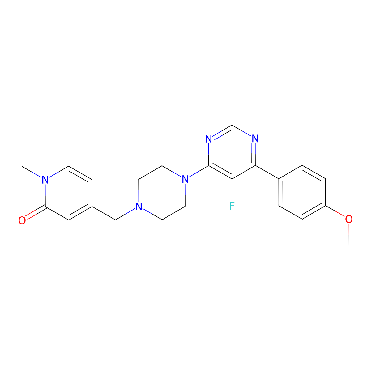 4-({4-[5-Fluoro-6-(4-methoxyphenyl)pyrimidin-4-yl]piperazin-1-yl}methyl)-1-methyl-1,2-dihydropyridin-2-one molecular structure, CAS 2380034-36-4
