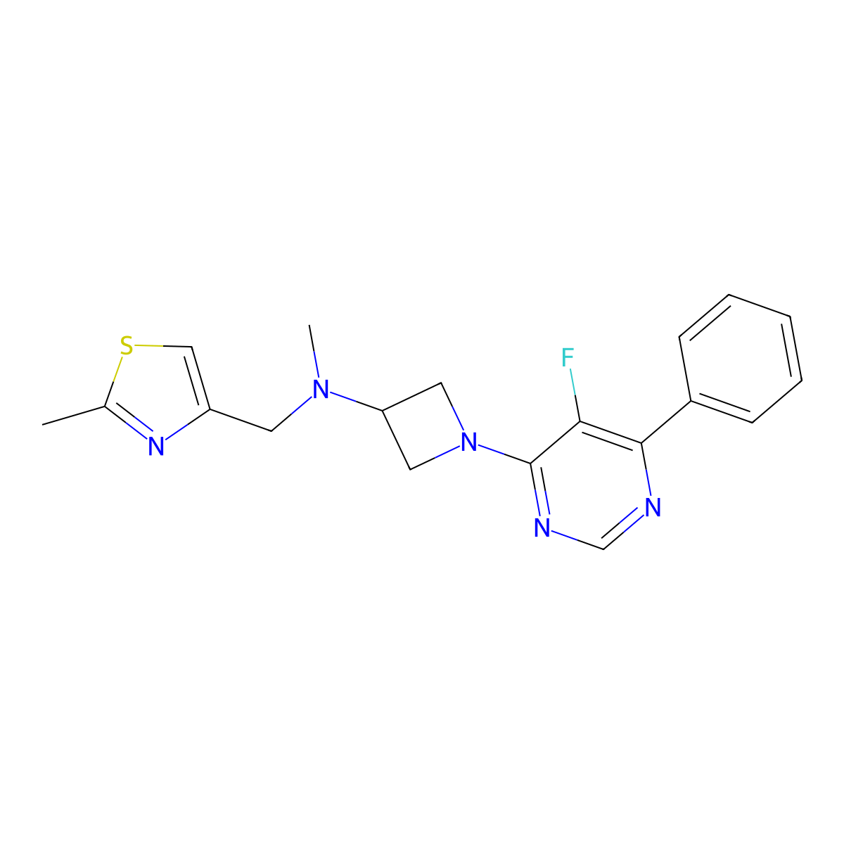 1-(5-Fluoro-6-phenylpyrimidin-4-yl)-N-methyl-N-[(2-methyl-1,3-thiazol-4-yl)methyl]azetidin-3-amine molecular structure, CAS 2380034-40-0